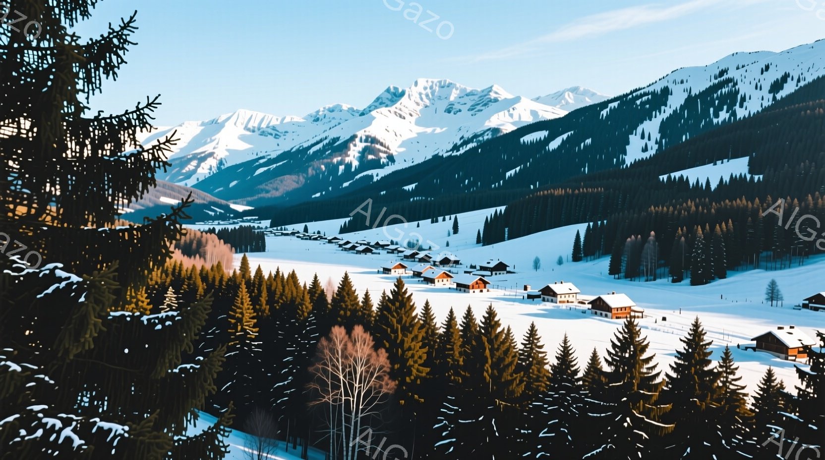 雪深い山々に囲まれた、冬の静かな村の風景です。木造の家々が点在し、緑豊かな針葉樹林が麓を覆っています。空は晴れ、雪原は太陽の光を浴びて輝き、穏やかで平和な雰囲気が漂っています。 - AI生成フリー素材