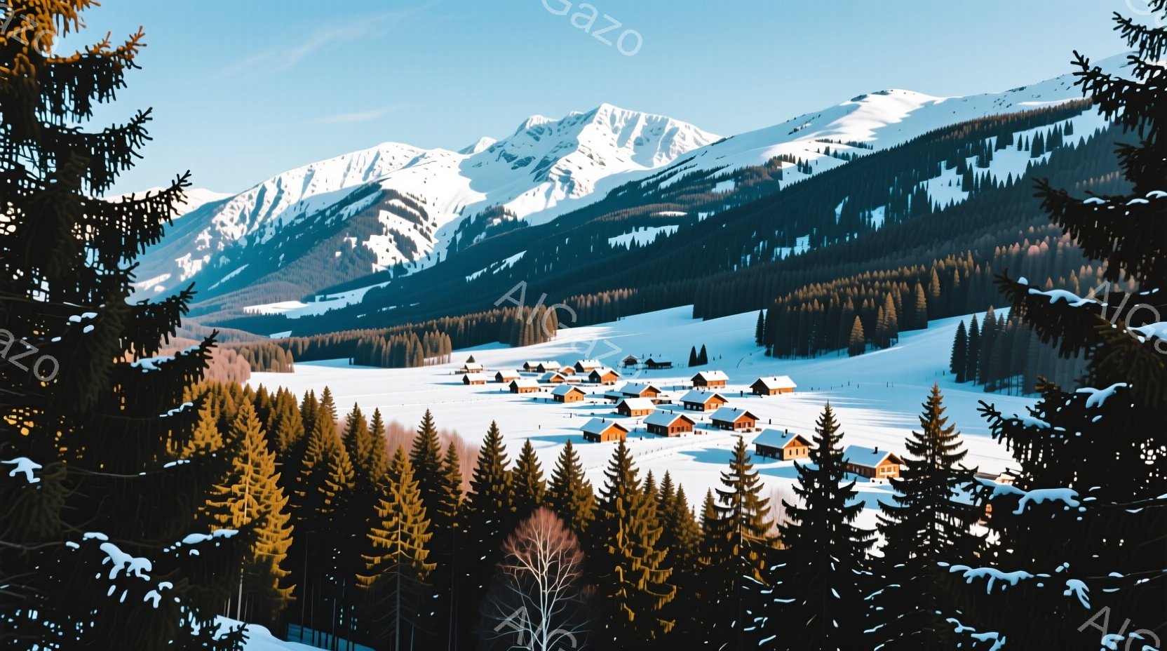 雪に覆われた山々と針葉樹林が広がる冬の風景だ。麓には木造の家々が点在し、まるで絵画のような静寂な雰囲気を醸し出している。青空と白い雪のコントラストが美しく、澄んだ空気を感じさせる。