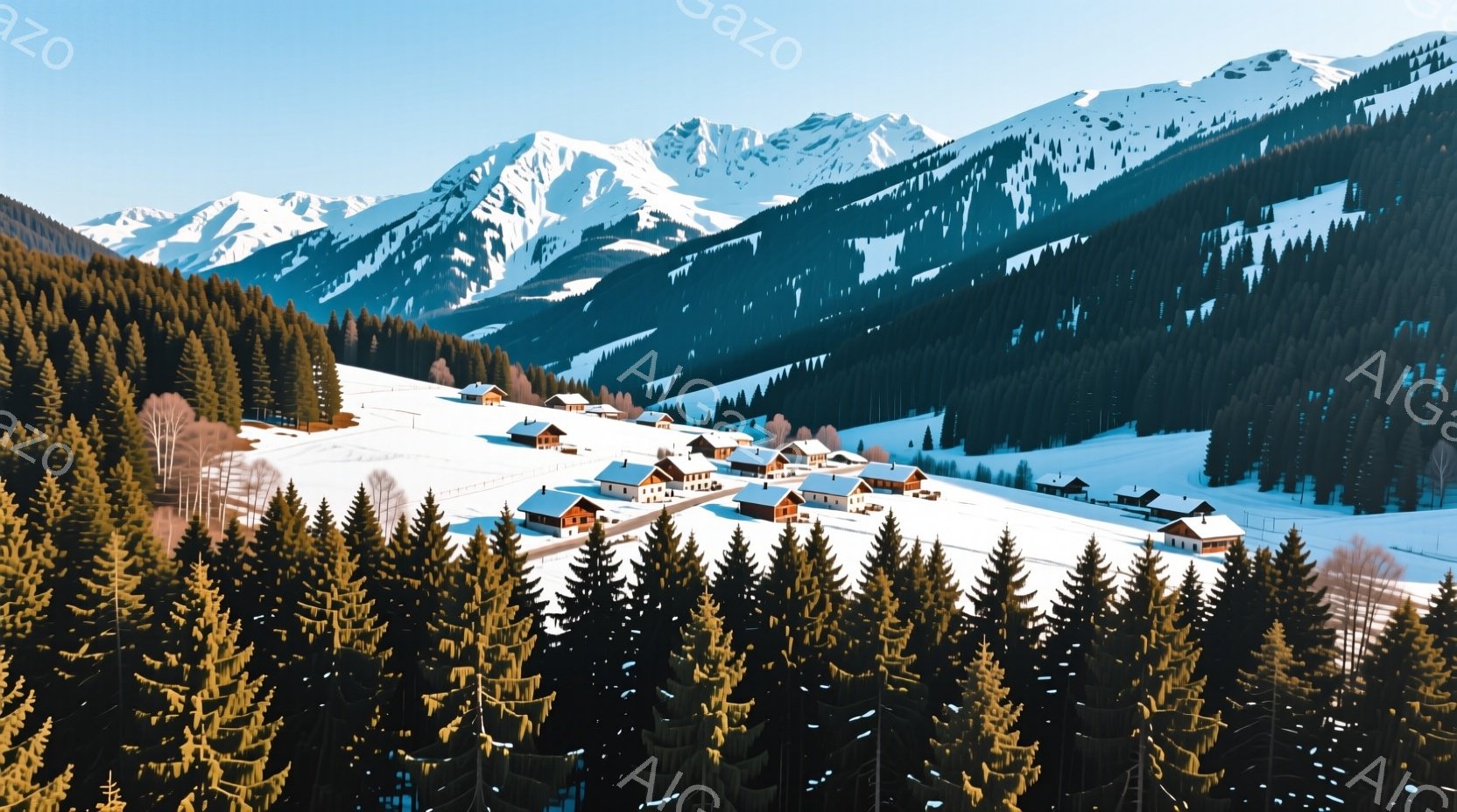 雪に覆われた山々と緑の木々が広がる冬の風景です。山腹には木造の家々が点在し、まるで絵画のような美しい光景を作り出しています。青空と白い雪のコントラストが鮮やかで、静かで穏やかな雰囲気が漂っています。