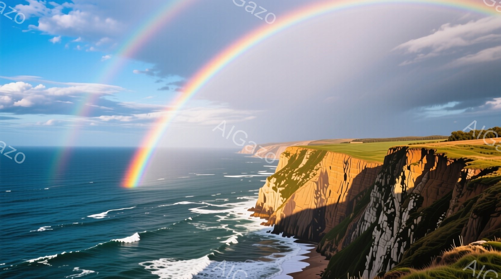 険しい崖が広がる海岸線が、鮮やかな虹に彩られている。緑豊かな草原が崖の上に広がり、打ち寄せる青い波が白い泡を立てている。晴れ間と雲が混ざり合った空模様が、自然の雄大さと彩りを際立たせている。 - AI生成フリー素材