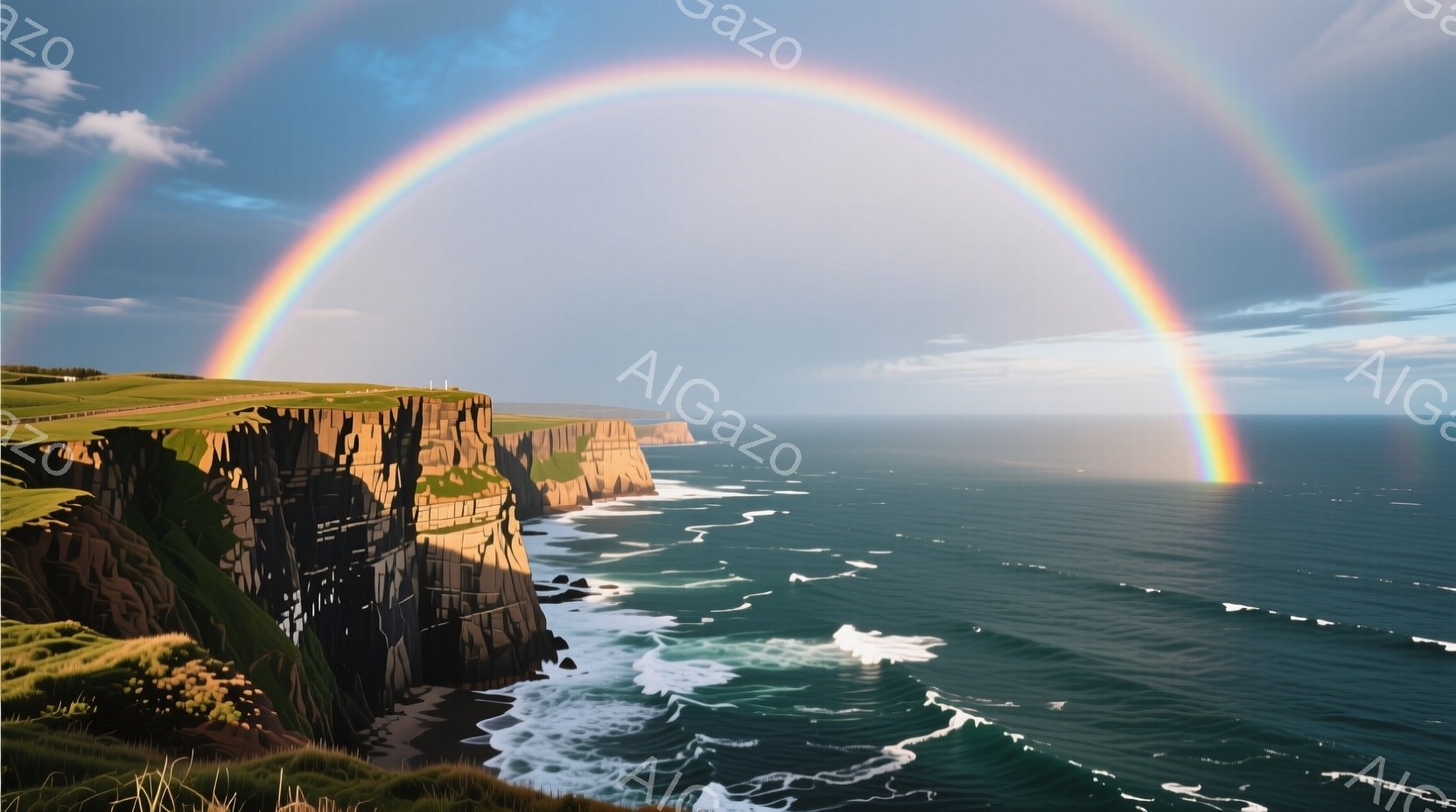 アイルランドの断崖が広がり、緑豊かな草地が海岸線に接している。空には鮮やかな虹が架かり、紺碧の海に白い波が打ち寄せ、壮大で自然の美しさが際立っている。全体的に、力強く、穏やかな雰囲気が漂い、見る者を魅了する風景だ。