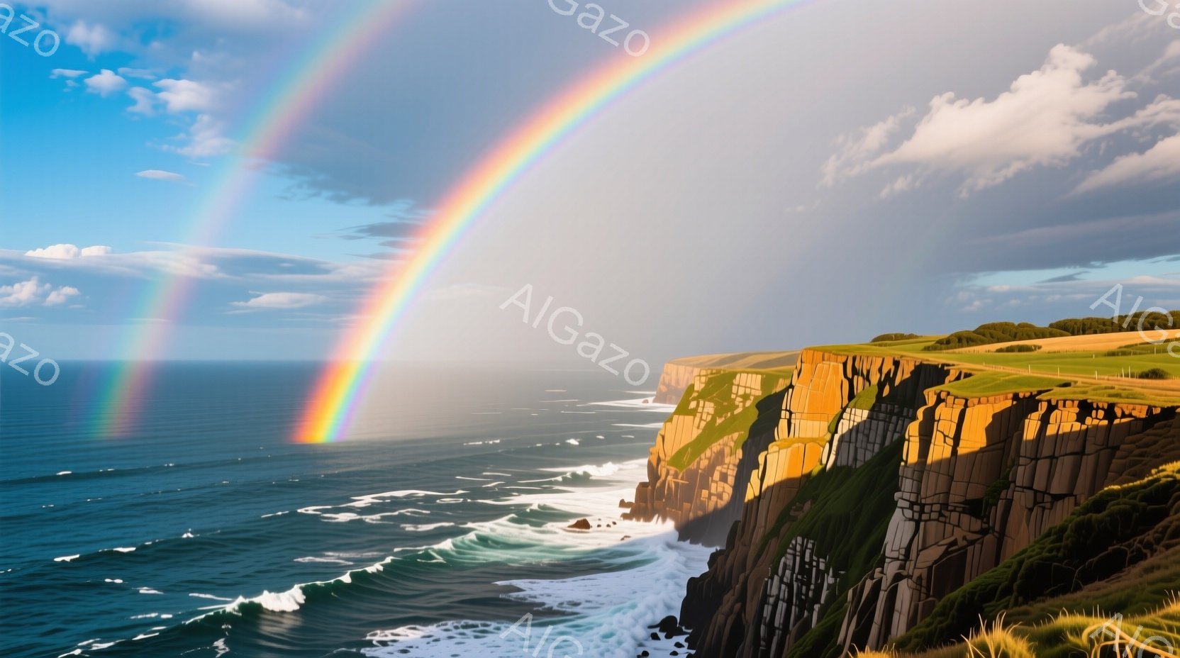広大な大西洋に沿って切り立った崖がそびえ立ち、緑豊かな牧草地が崖の上に広がっている。鮮やかな虹が空にかかり、崖と海に美しいコントラストを生み出している。波が崖の麓に打ち寄せ、光と影が織りなすダイナミックな風景を作り出している。