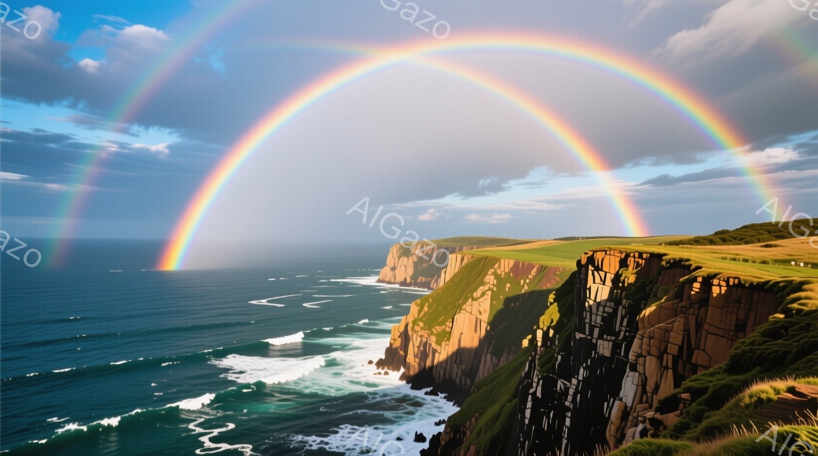 険しい崖が広がる海岸線が印象的な風景です。鮮やかな二重の虹が、崖と紺碧の海の上に架かり、自然の壮大さを際立たせています。緑豊かな崖と白い波が衝突する様子が、力強くも美しいコントラストを生み出しています - AI生成フリー素材
