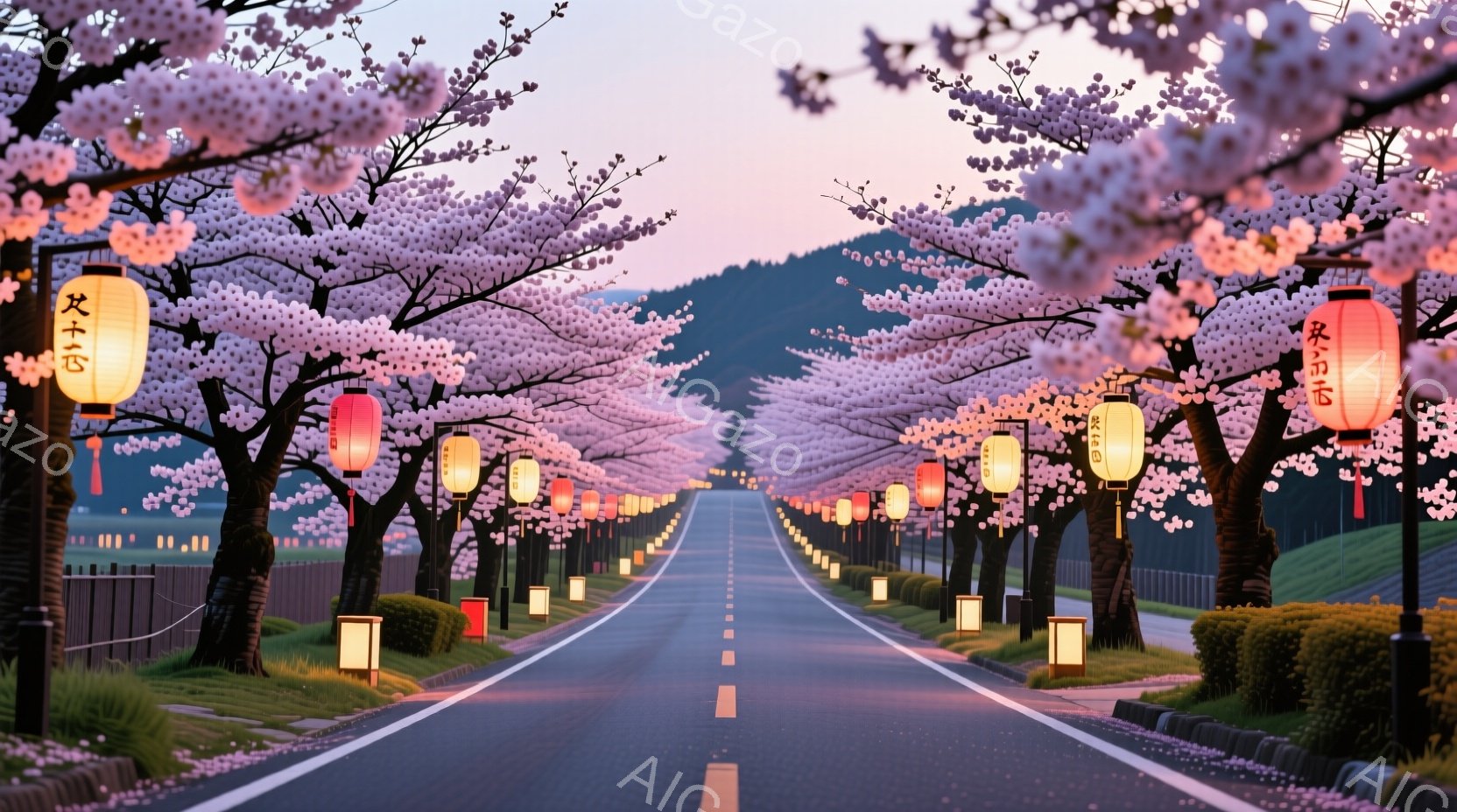 桜並木が続く道が、夕暮れ時の穏やかな光に照らされている。道路の両脇には桜の木が密集し、満開の花びらが空を覆い、幻想的な雰囲気を醸し出している。遠くには山々がぼんやりと見え、日本の春の風景を象徴する美し - AI生成フリー素材