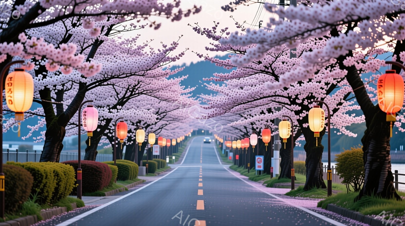 道路の両側に桜の木が並び、満開の花がトンネルのように空を覆っています。道路には数台の車が走っており、街灯のような提灯が並んで桜の美しさを際立たせています。背景には穏やかな湖と遠くの山々が見え、春の暖か - AI生成フリー素材