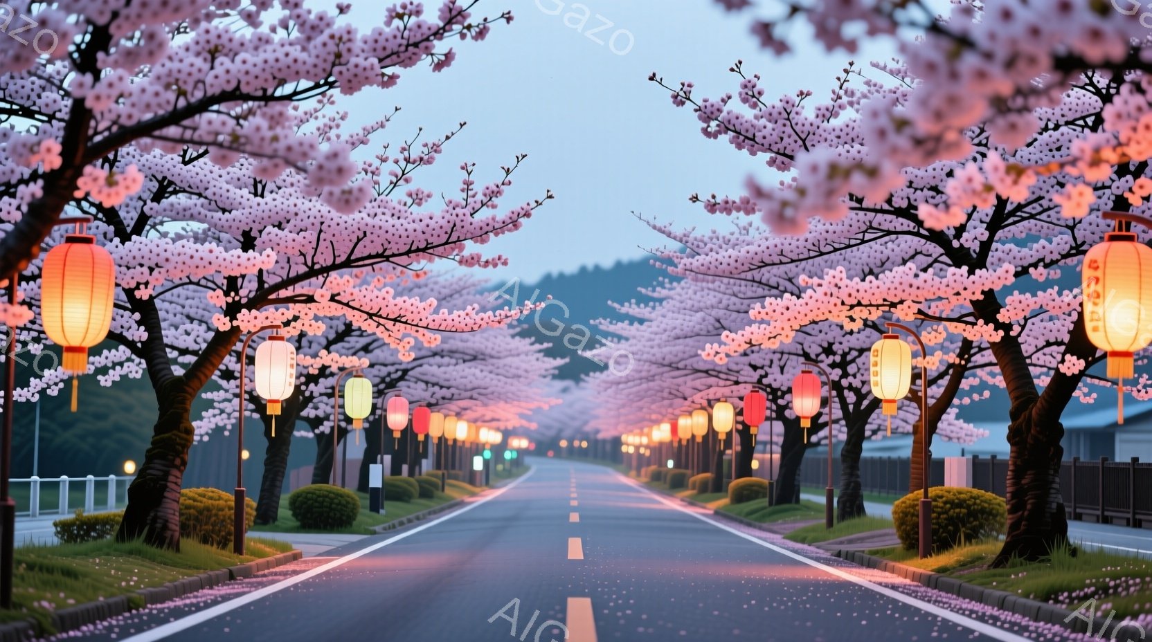桜並木が続く道を行くような風景で、アスファルトの道はピンク色の花びらで覆われています。道沿いには整然と手入れされた低木があり、桜の木にはオレンジ色の提灯が吊るされ、穏やかで幻想的な雰囲気を醸し出してい - AI生成フリー素材