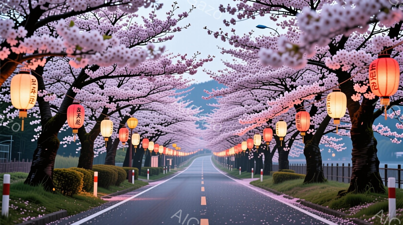 桜並木が続く道が印象的な風景です。道路の両側には、満開の桜の木がトンネルのように連なり、空から舞い散る桜の花びらが幻想的な雰囲気を醸し出しています。道端には提灯が灯り、夕暮れ時の穏やかな光景が広がって - AI生成フリー素材