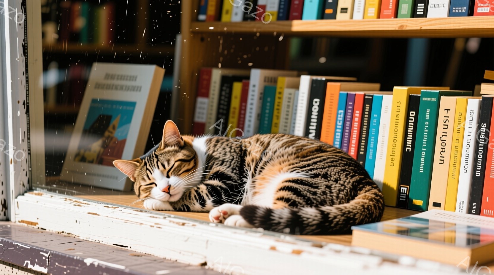 オレンジ色の縞模様の猫が、本棚の棚に横たわって眠っています。猫は体を丸め、リラックスした表情で、まるで本の一部のように見えます。背景には様々な色の本が並び、暖かく穏やかな雰囲気を醸し出しています。 - AI生成フリー素材