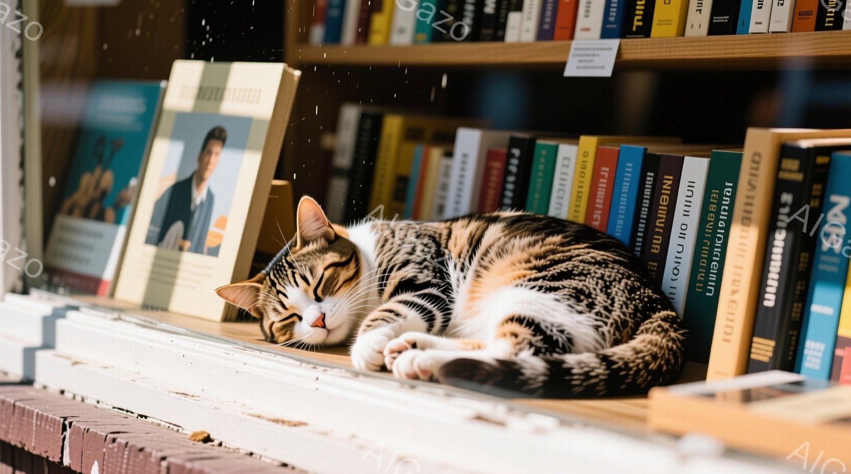 茶色の縞模様の猫が、本棚の本の上に丸まって眠っています。猫はリラックスした姿勢で、毛並みが柔らかく、穏やかな雰囲気を醸し出しています。背景にはたくさんの本が並び、書店や図書館のような場所であることがわ - AI生成フリー素材