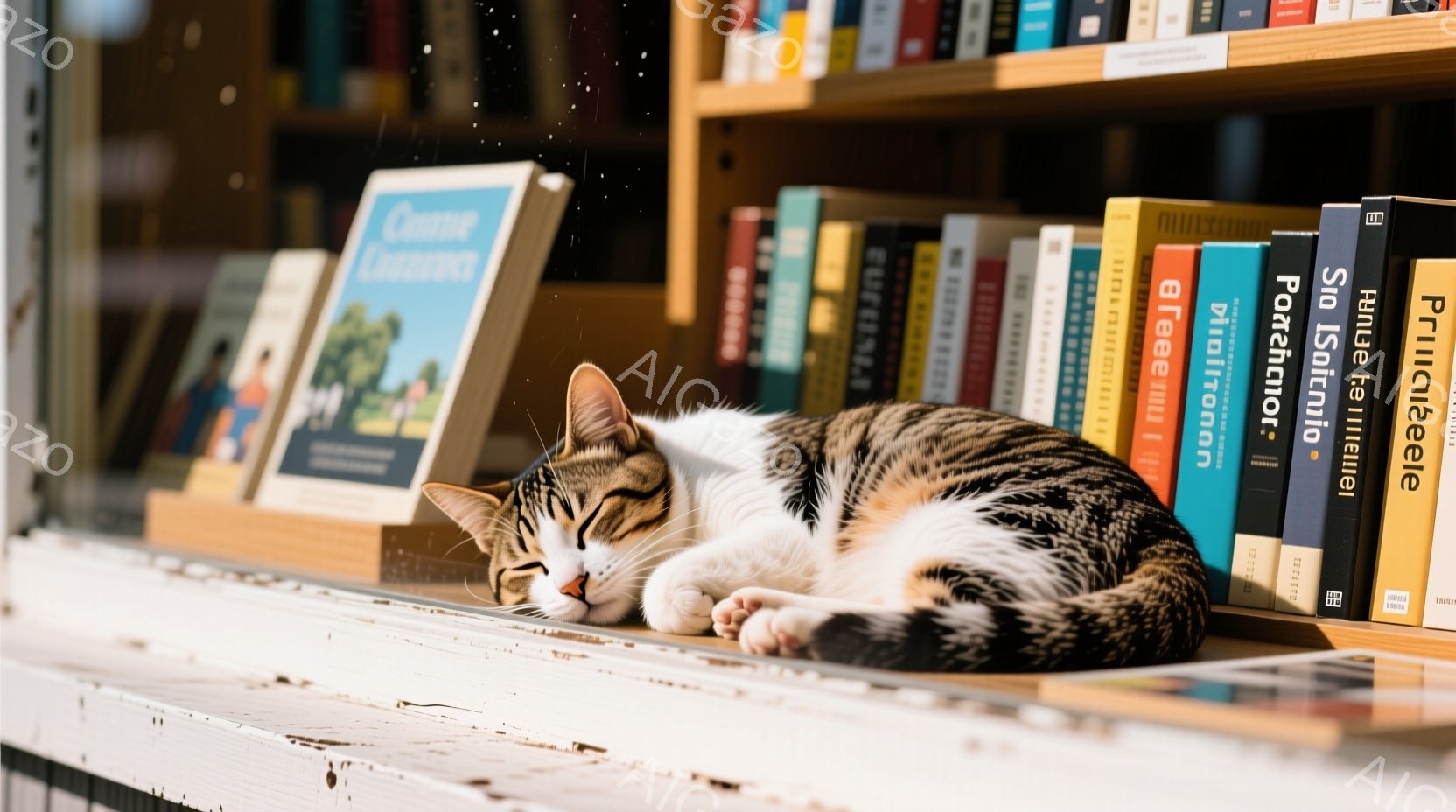 白と茶色の模様の猫が、本棚の段の上に丸まって眠っています。背景には、様々な色の本が並んでおり、まるで猫のための快適なベッドのようです。温かく、安らかな雰囲気が感じられます。 - AI生成フリー素材