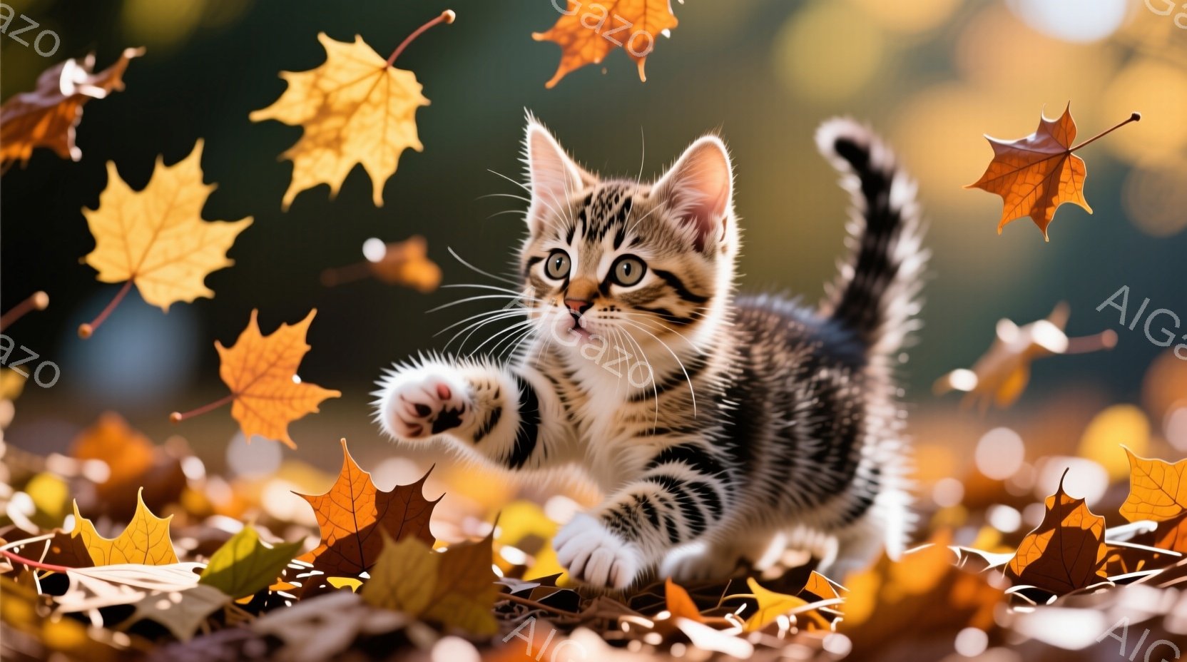 白と茶色の縞模様の小さな子猫が、落ち葉の上を活発に駆け回っています。子猫は前足を伸ばし、遊び心いっぱいの表情で、まるで何かを捕まえようとしているかのようです。背景は鮮やかなオレンジ色や黄色の落ち葉で覆 - AI生成フリー素材