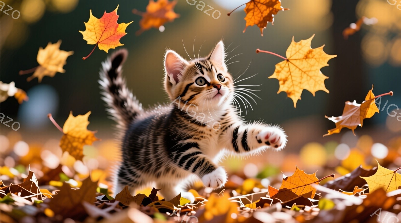 縞模様の小さな子猫が、落ち葉の上を元気いっぱいに駆け回っています。前足は少し伸ばされ、遊び心に満ちた表情で、まるで秋の葉と戯れているかのようです。背景は鮮やかなオレンジと黄色の落ち葉で覆われ、暖かく穏 - AI生成フリー素材