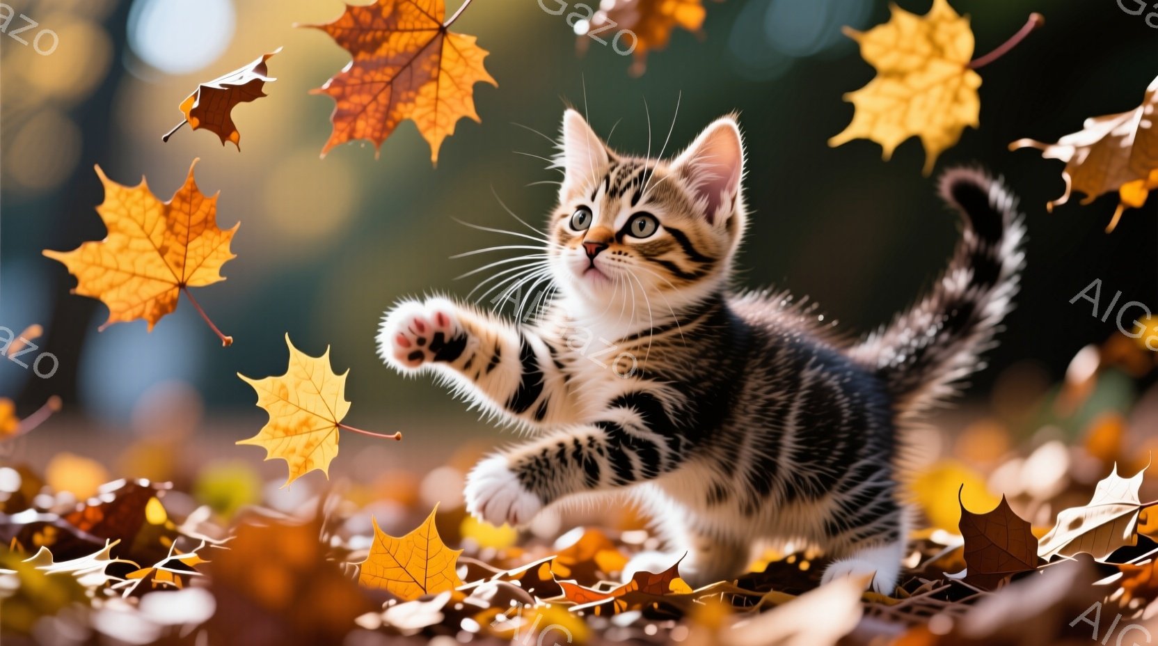 小さな縞模様の猫が落ち葉の中で遊び、前足を伸ばして何かを捕まえようとしている姿が捉えられています。背景は鮮やかなオレンジと黄色の落ち葉で覆われ、秋の暖かく穏やかな雰囲気を醸し出しています。猫の表情は遊び心に満ちており、全体的に可愛らしく、幸福感に満ちた瞬間が表現されています。
