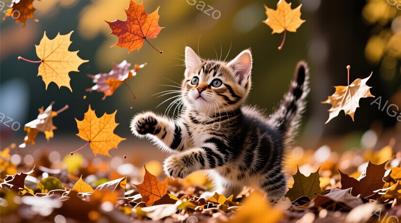 小柄な縞模様の猫が、舞い散る紅葉の中で前足を伸ばして遊んでいます。背景は鮮やかなオレンジや黄色の落ち葉で覆われ、暖かく幻想的な秋の雰囲気を醸し出しています。猫の表情は活発で楽しげであり、遊び心に満ちた - AI生成フリー素材
