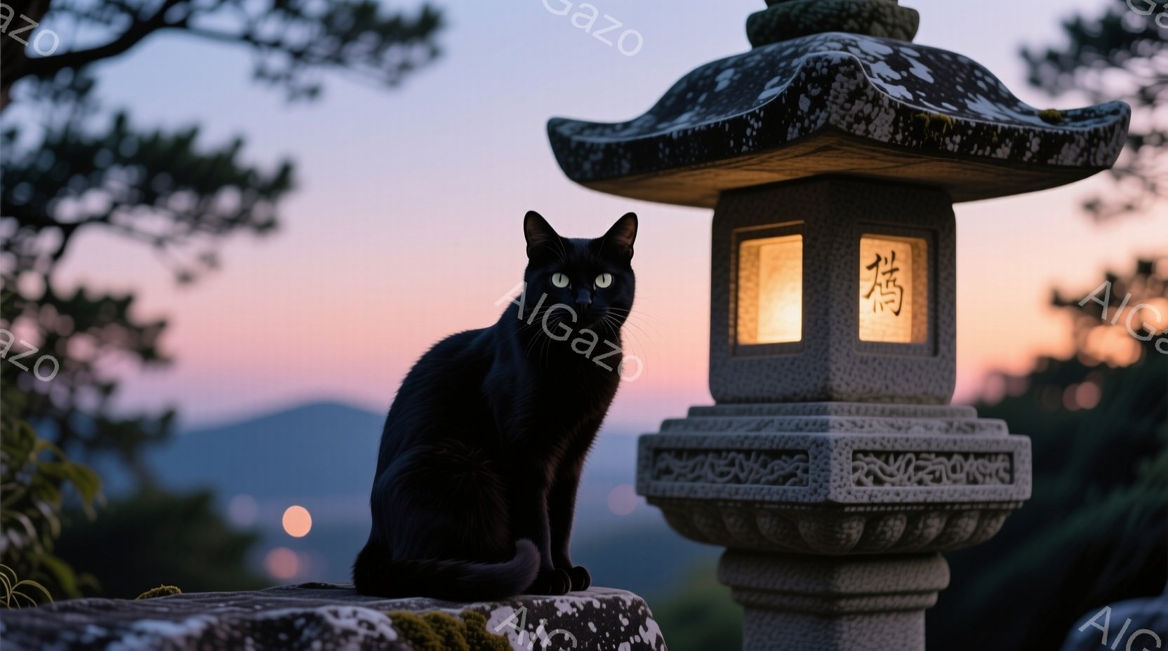 黒猫が石灯籠の上に座っており、その目はカメラの方をまっすぐ見つめている。背景には夕焼け空と遠くの山々が広がり、周囲には緑豊かな植物が見られる。全体的に静かで神秘的な雰囲気が漂っている。 - AI生成フリー素材