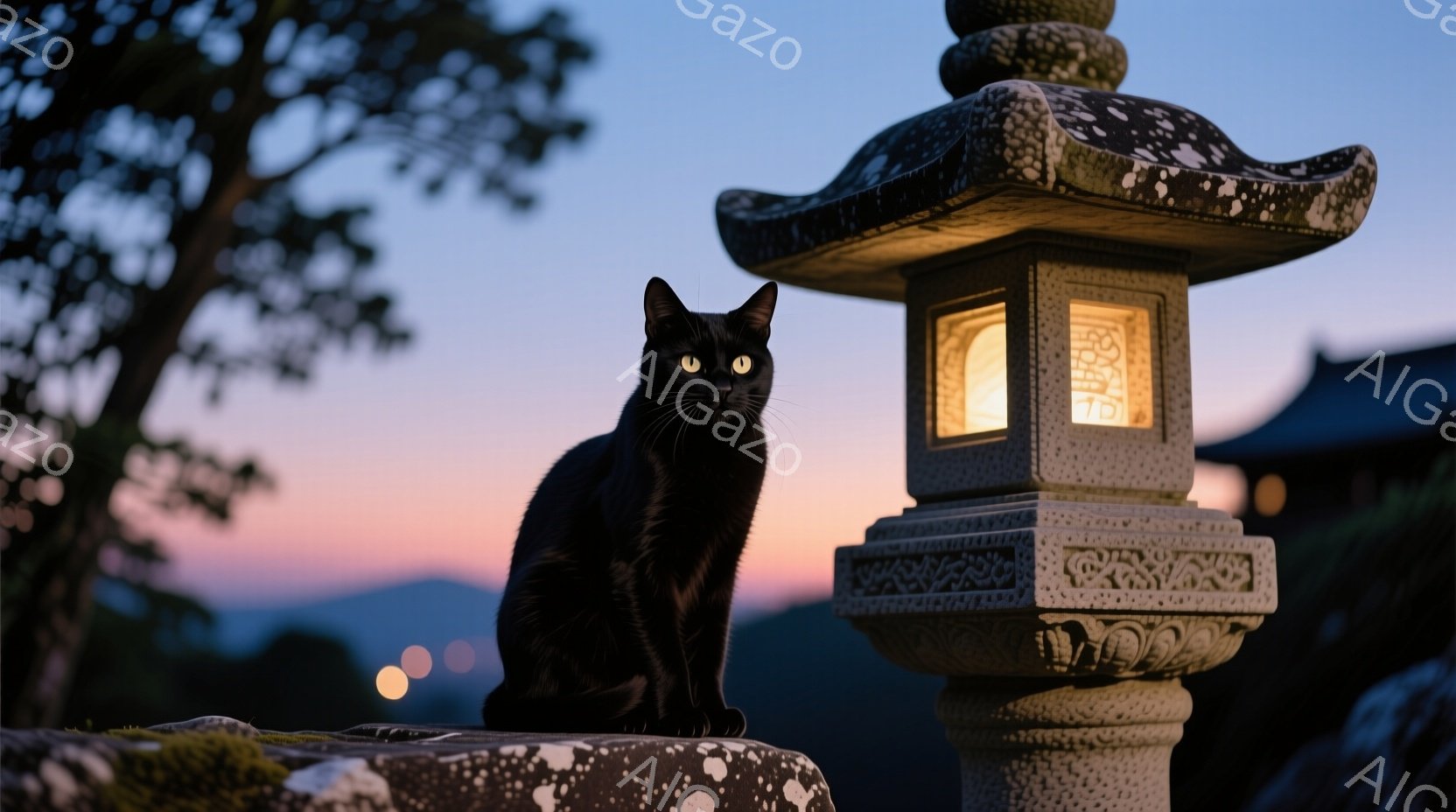 黒猫が石造りの縁側に座り、正面を見つめている。背景には、夕焼け空と、ぼんやりとした山並み、そして灯籠が配置され、静寂で神秘的な雰囲気を醸し出している。猫の毛並みは艶やかで、その瞳は光を反射して鋭く輝いている。