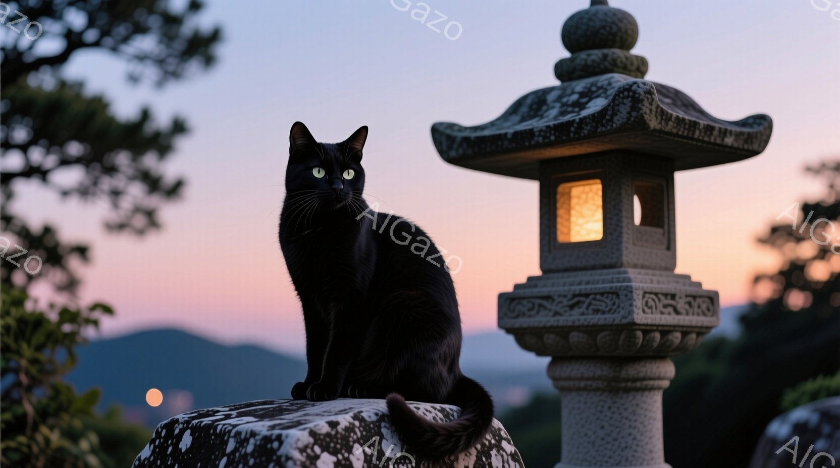黒猫が石の台座に座り、正面を見つめている。背景には日本の石灯籠と夕焼け空、遠くには山々がぼんやりと見える。猫の毛並みは艶やかで、周囲の穏やかな雰囲気と調和している。