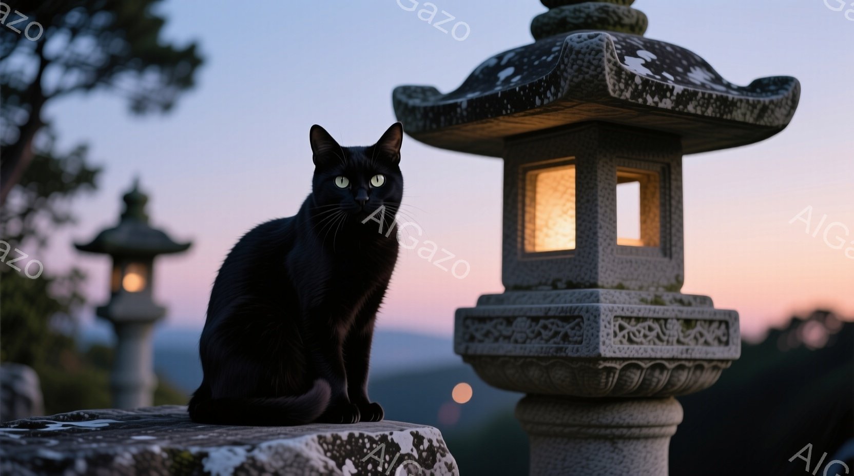 黒猫が石の台座に座り、正面を見つめている。背景には、灯籠が夕焼け空の下に並び、遠くにぼんやりとした光が見える。全体的に、静寂で神秘的な雰囲気が漂い、猫の落ち着いた姿がその静けさを強調している。 - AI生成フリー素材