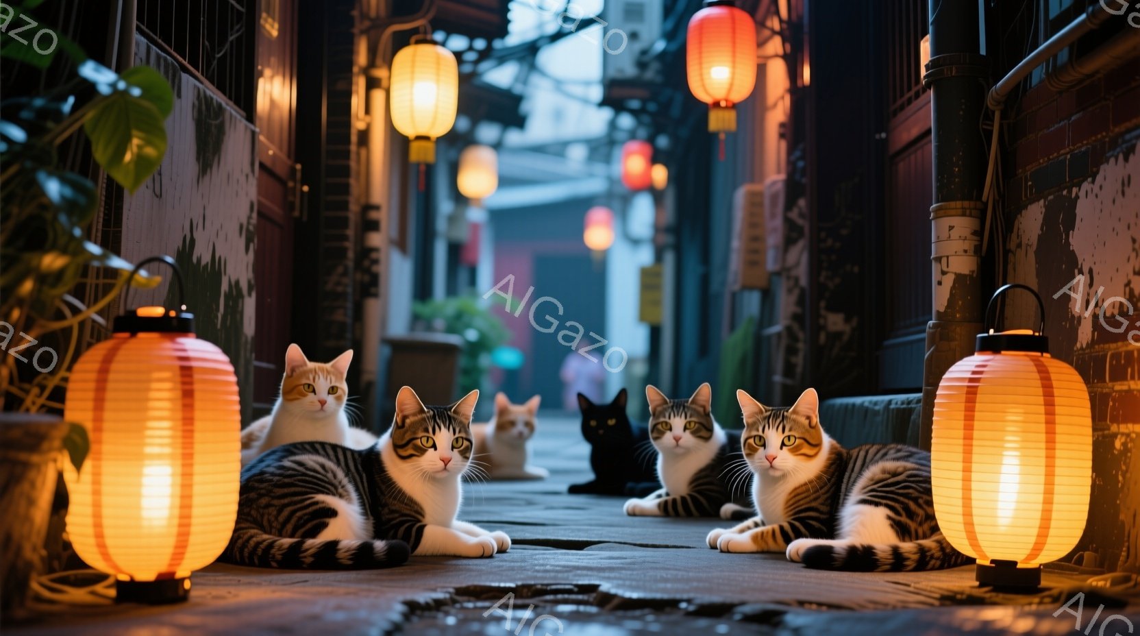 石畳の路地に、複数の猫たちがくつろいでいる様子が描かれている。オレンジ色の提灯が路地を照らし、猫たちの姿を際立たせており、路地裏の壁には影が映り込んでいる。全体的に、静かで落ち着いた、どこか懐かしい雰 - AI生成フリー素材