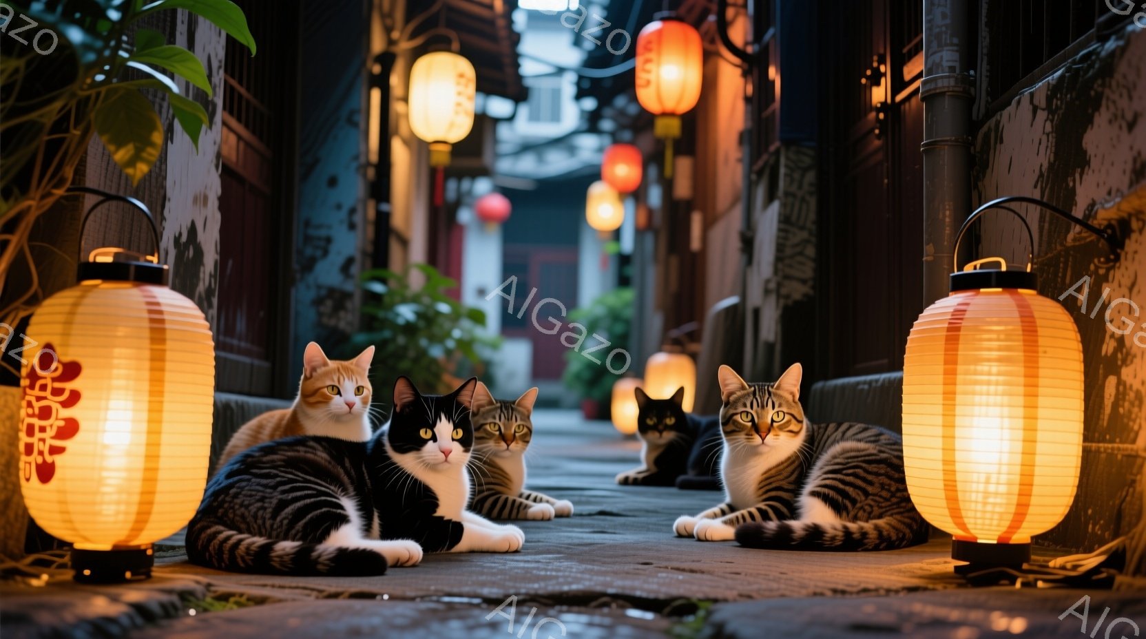 石畳の路地に、提灯が灯る中、四匹の猫が並んで座っている。それぞれの猫は縞模様や白黒模様で、リラックスした様子でこちらを見ているか、遠くを見つめている。背景には古びた建物が見え、夜の静かな路地裏の雰囲気が漂っている。