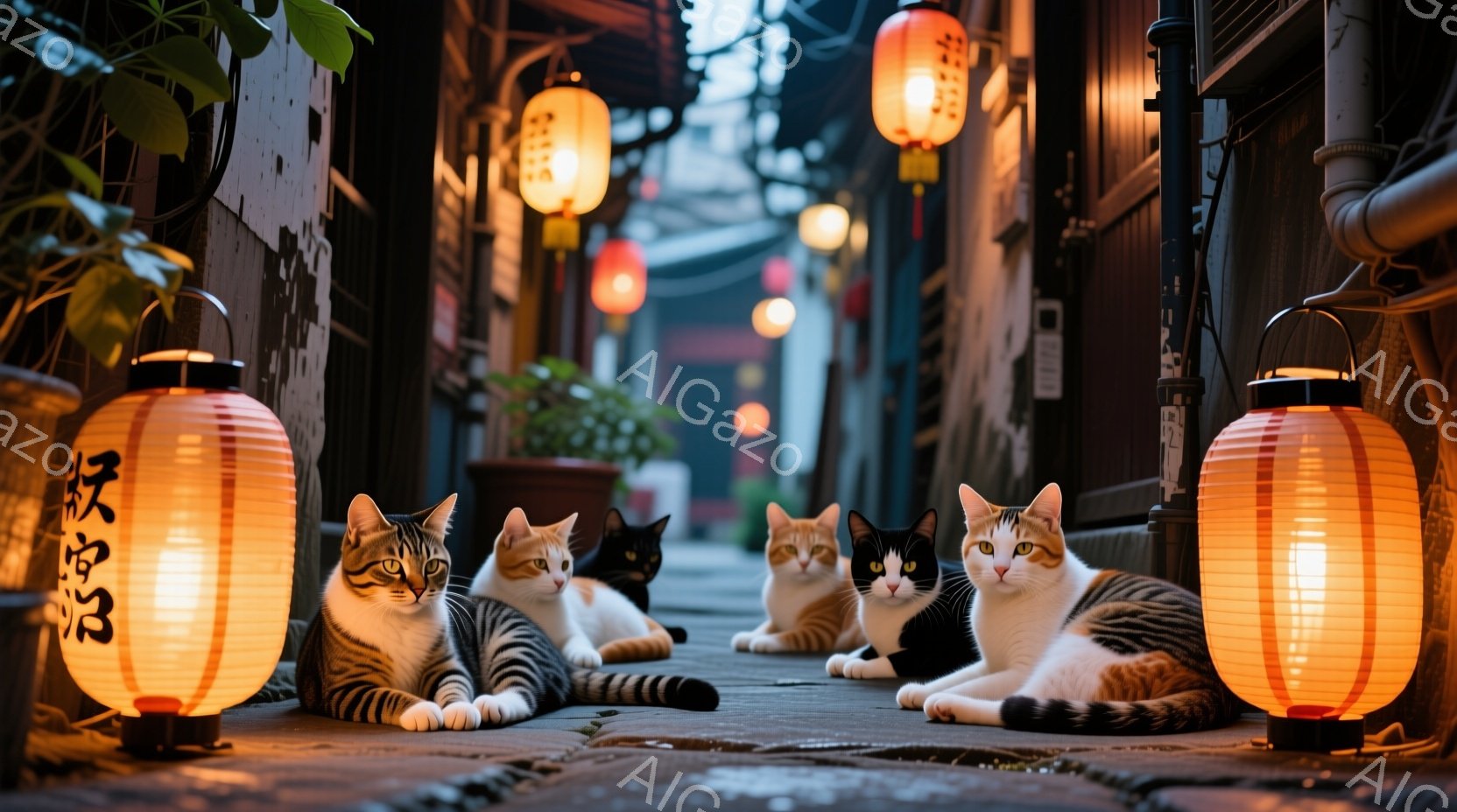 石畳の道に、様々な毛色の猫たちが一列に並んで座っている。両脇には提灯が灯り、薄暗い路地を暖かく照らしている。背景には古い建物が並び、雨上がりの濡れた石畳と提灯の光が、どこか懐かしい情緒的な雰囲気を醸し出している。
