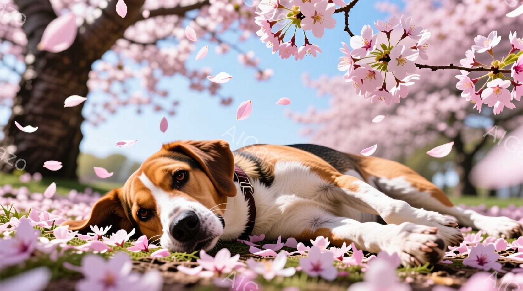 桜の花びらが舞う中、ビーグル犬が緑の芝生の上に横たわっています。犬はリラックスした表情で、少し憂いを帯びた優しい目をしています。背景には、満開の桜の木々と青空が広がり、春の穏やかで美しい雰囲気を醸し出 - AI生成フリー素材