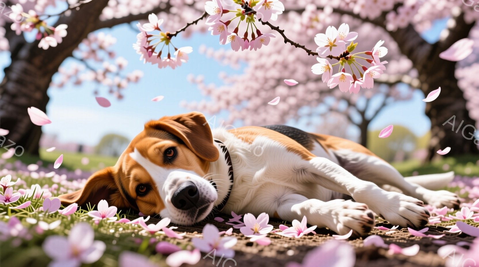 ビークル犬が桜の花びらが散り敷かれた地面に横たわっています。犬は茶色と白の毛並みで、穏やかな表情でカメラを見つめており、首輪をつけています。背景には桜の木々が咲き誇り、春の穏やかで優しい雰囲気を醸し出 - AI生成フリー素材