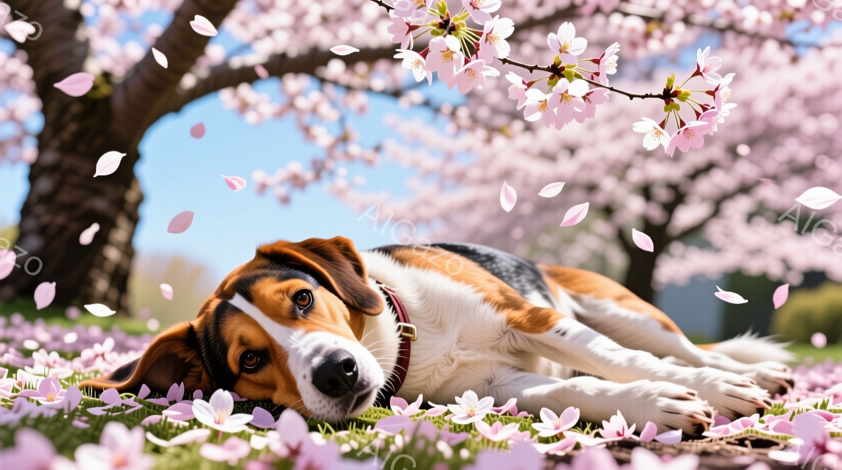 白と茶色の毛並みのビーグル犬が、桜の花びらが敷き詰められた緑の草の上に仰向けに横たわっています。犬はリラックスした表情で、穏やかな日差しの中で春の訪れを楽しんでいるようです。背景には桜の木が咲き誇り、 - AI生成フリー素材