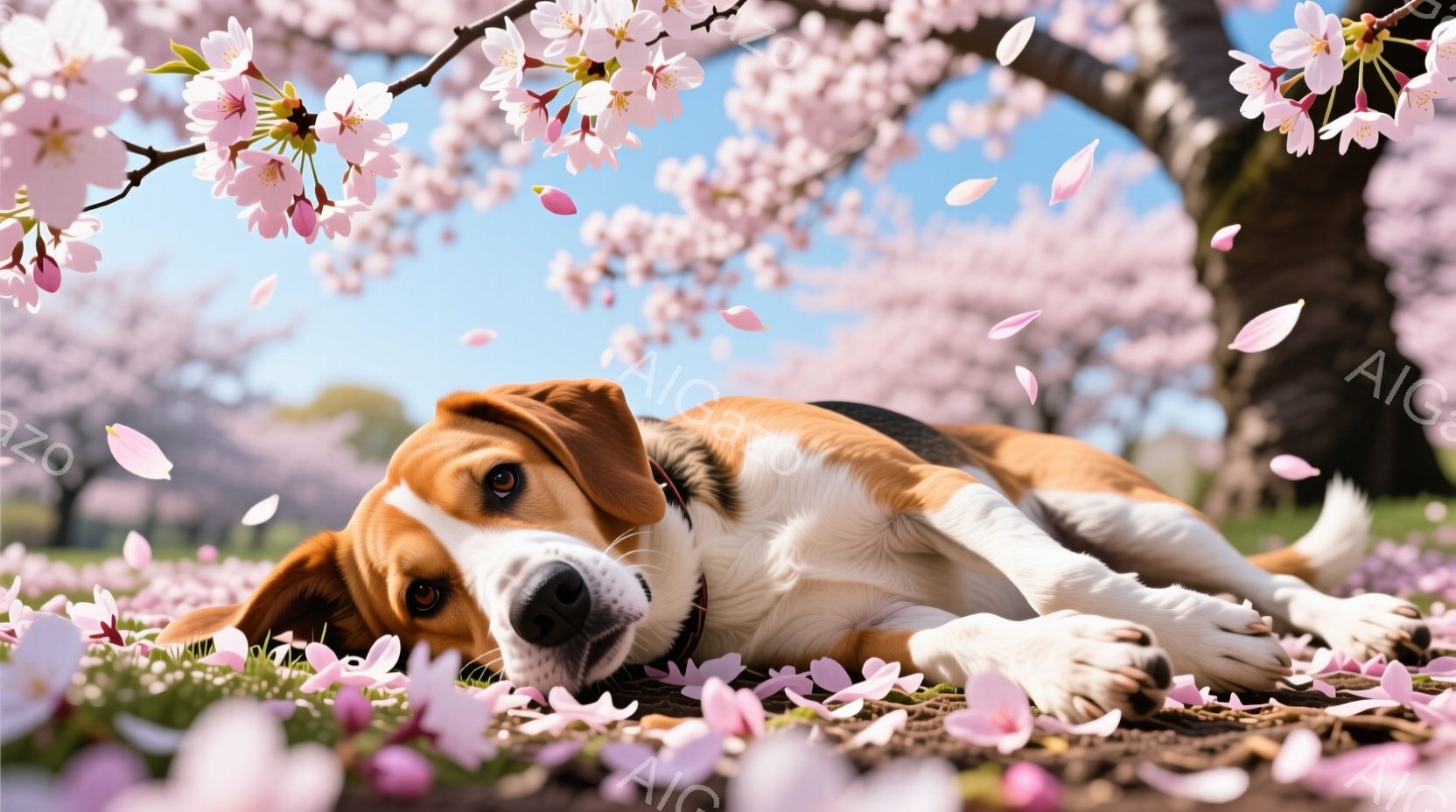桜の花びらが舞い散る中、ビーグル犬が地面に横たわっています。犬はリラックスした表情で、穏やかな視線をカメラに向けています。背景には、満開の桜の木々と、明るい青空が広がっており、春の暖かな雰囲気を醸し出 - AI生成フリー素材