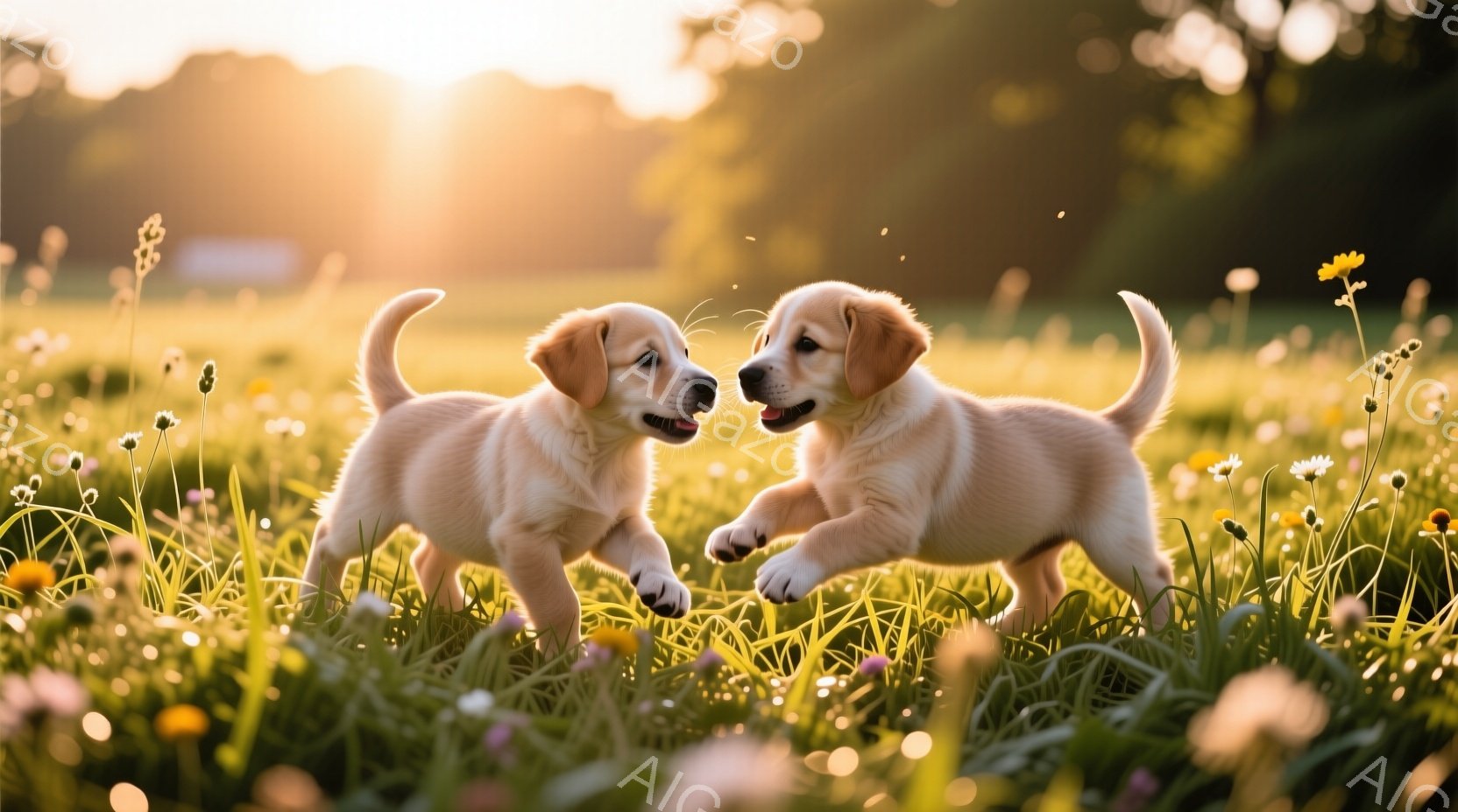黄金色の毛並みを持つ子犬が二匹、花盛りの草原で互いに向かい合って遊んでいます。夕暮れ時の柔らかな光が降り注ぎ、草花や子犬の毛並みを温かく照らし出しています。背景にはぼんやりと木々が見え、穏やかで平和な - AI生成フリー素材