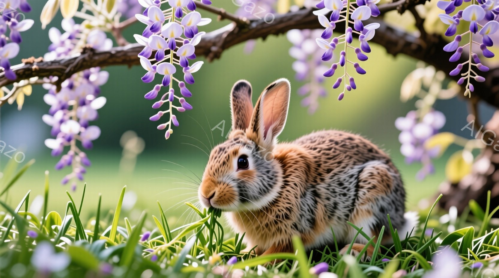 緑の草の上に座っている小さなウサギが写っています。毛並みは茶色と白が混ざり、耳はピンと立っています。背景には紫色の藤の花が咲き乱れ、春の穏やかな雰囲気を醸し出しています。