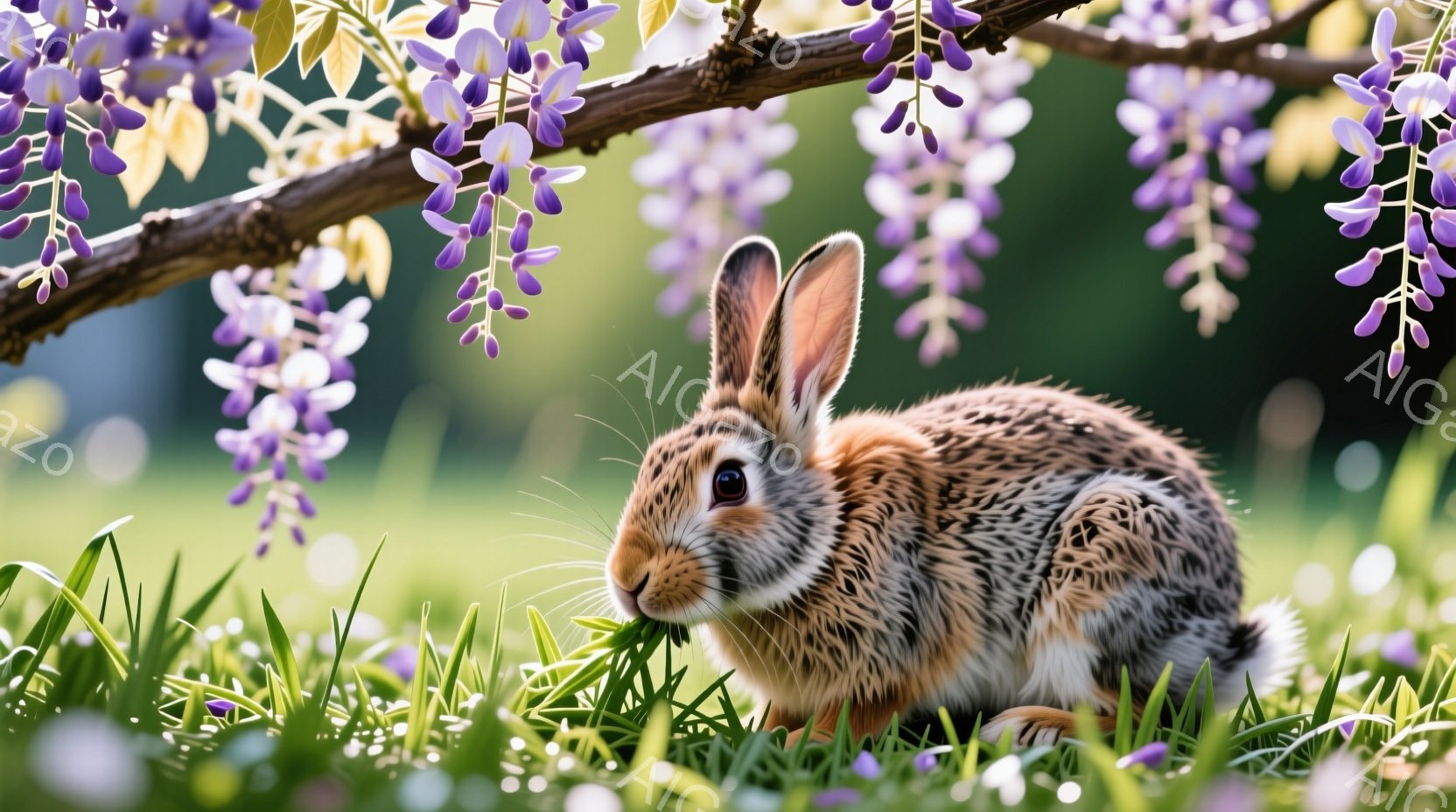 緑の草の上にいる茶色のウサギが、何かを食べています。背景には、紫色の藤の花が咲き乱れ、春の穏やかな雰囲気を醸し出しています。ウサギの毛並みは細かく、柔らかそうな印象を与え、背景のぼやけと相まって、温かく優しい雰囲気を伝えています。