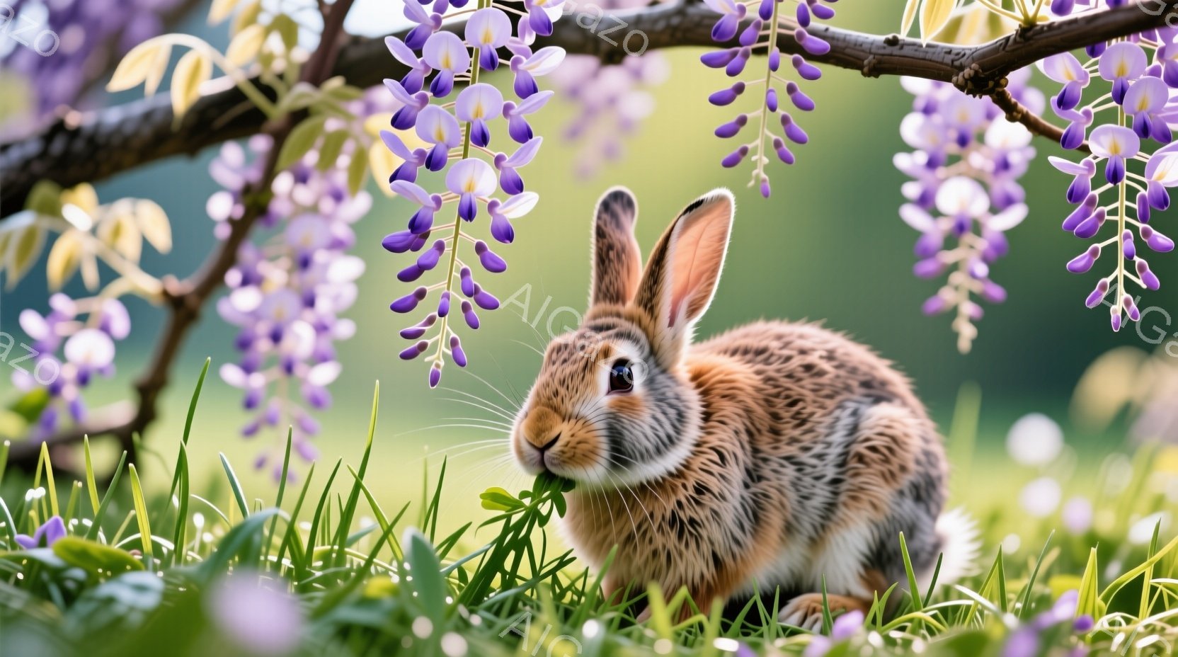 茶色と白の毛並みを持つウサギが緑の草の上で前足を伸ばし、何かを食べています。背景には紫色の藤の花が咲き乱れ、春の穏やかな陽光の中で、ウサギはリラックスした様子で食事を楽しんでいます。全体的に、暖かく、平和で、自然豊かな雰囲気が漂っています。