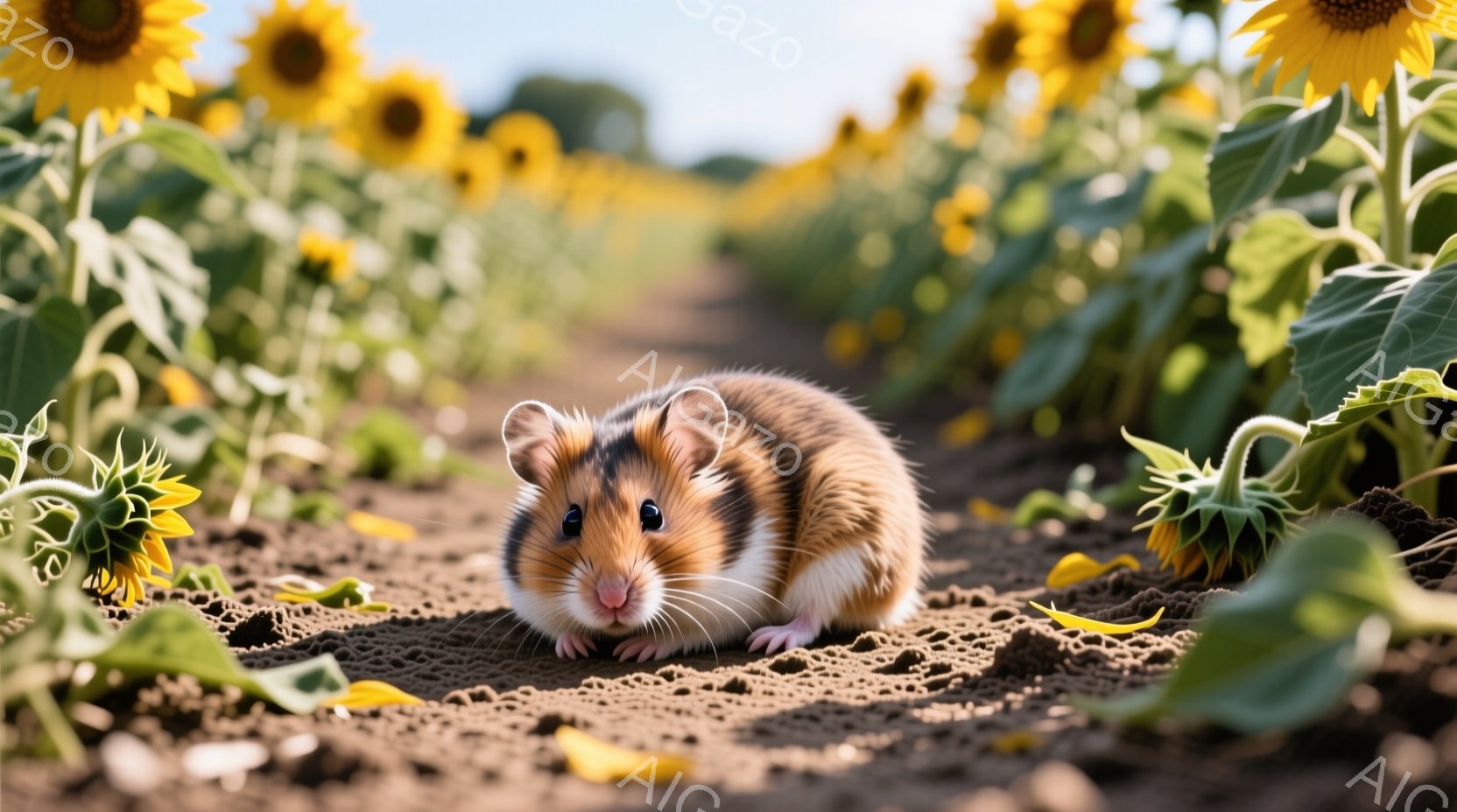 太陽の花畑の中央に、小さなハムスターが土の上に座っています。ハムスターは茶色と白の毛並みで、つぶらな瞳でカメラを見つめており、少し緊張した表情を浮かべています。背景には鮮やかな黄色いヒマワリが咲き乱れ、夏の穏やかな日差しが降り注ぎ、暖かく平和な雰囲気を醸し出しています。