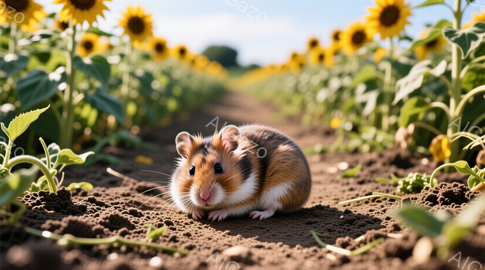 小さなハムスターが土の上に座っており、少し緊張した表情で前を見つめている。背景には一面にひまわり畑が広がり、明るい日差しが差し込んでいる。全体的に暖かく、平和な雰囲気が漂っている。