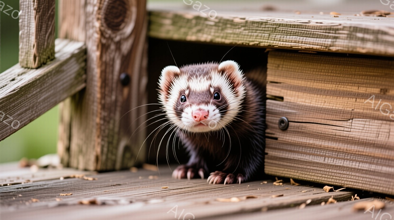 イタチが木製の柵の隙間から顔を出しています。その表情は少し好奇心旺盛で、黒い目とピンク色の鼻が特徴的です。背景には、木製の柵とぼやけた緑色の自然が見え、穏やかで素朴な雰囲気を感じさせます。 - AI生成フリー素材
