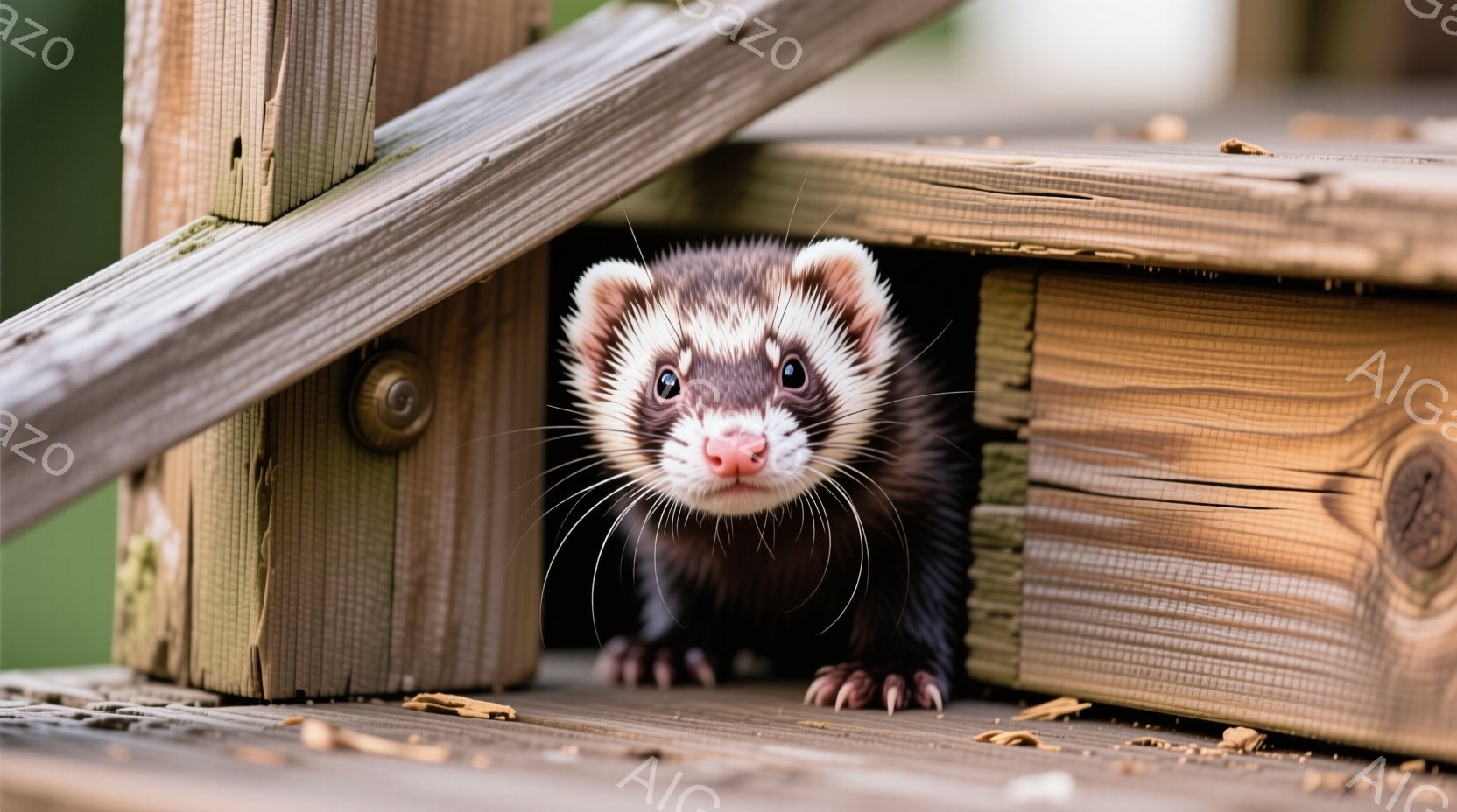 暗褐色のフェレットが木の板の隙間から顔を出しています。黒い鼻と鋭い目、そして白い髭が特徴的で、少しいたずらっぽい表情をしています。背景は木のデッキで、暖かく自然な雰囲気です。