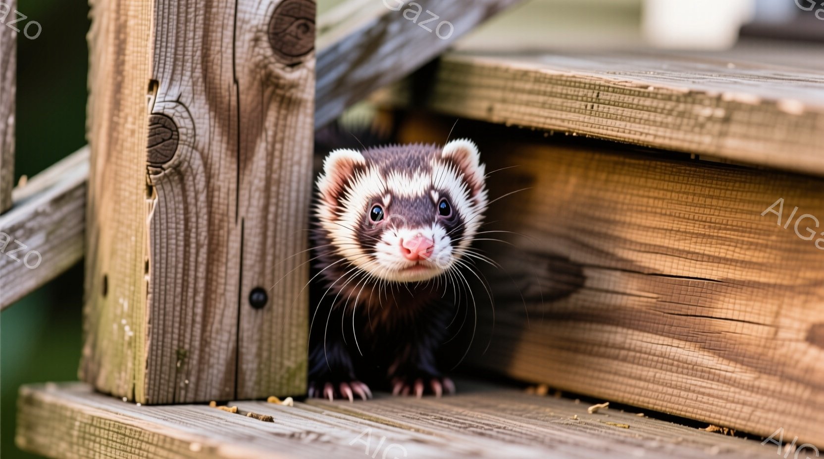 黒くて白い模様のフェレットが、木製の柵の隙間からこちらを見ています。つぶらな瞳とピンク色の鼻が可愛らしく、少し警戒したような表情をしています。背景は木製の柵が重なり合い、自然な光が差し込むことで、暖かく親しみやすい雰囲気を醸し出しています。