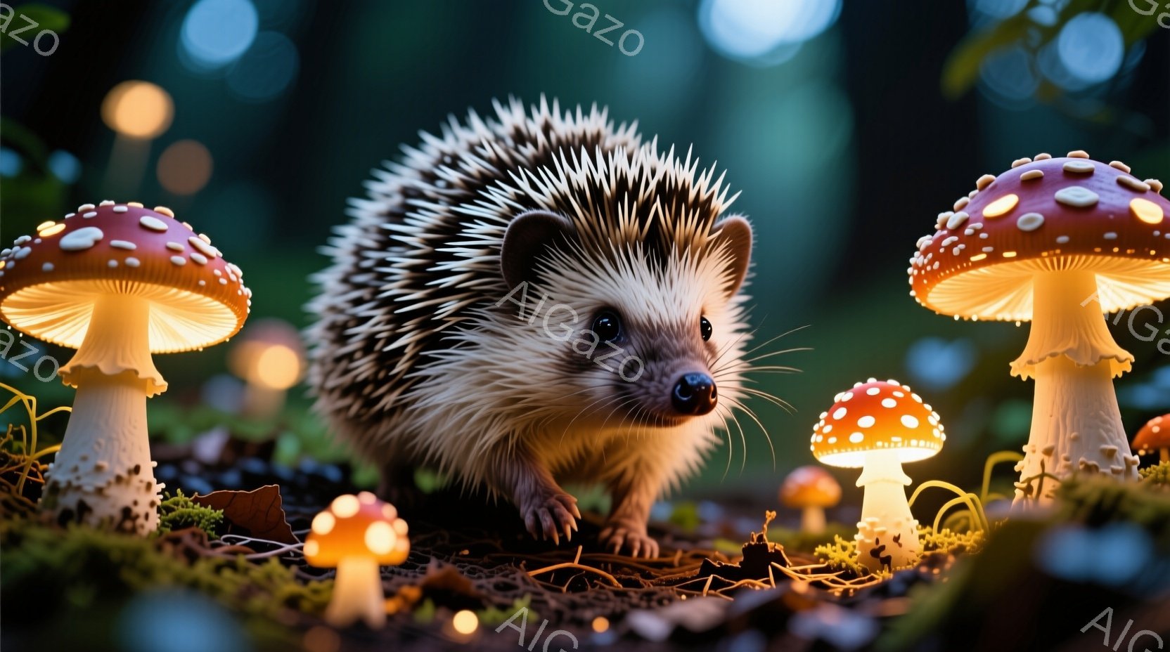 緑豊かな森の中に、可愛らしいハリネズミが、赤と白のまだら模様のキノコに囲まれて座っています。キノコは内部から光を放ち、幻想的な雰囲気を醸し出しています。葉っぱや苔が生い茂る地面と、ぼんやりとした光の粒 - AI生成フリー素材
