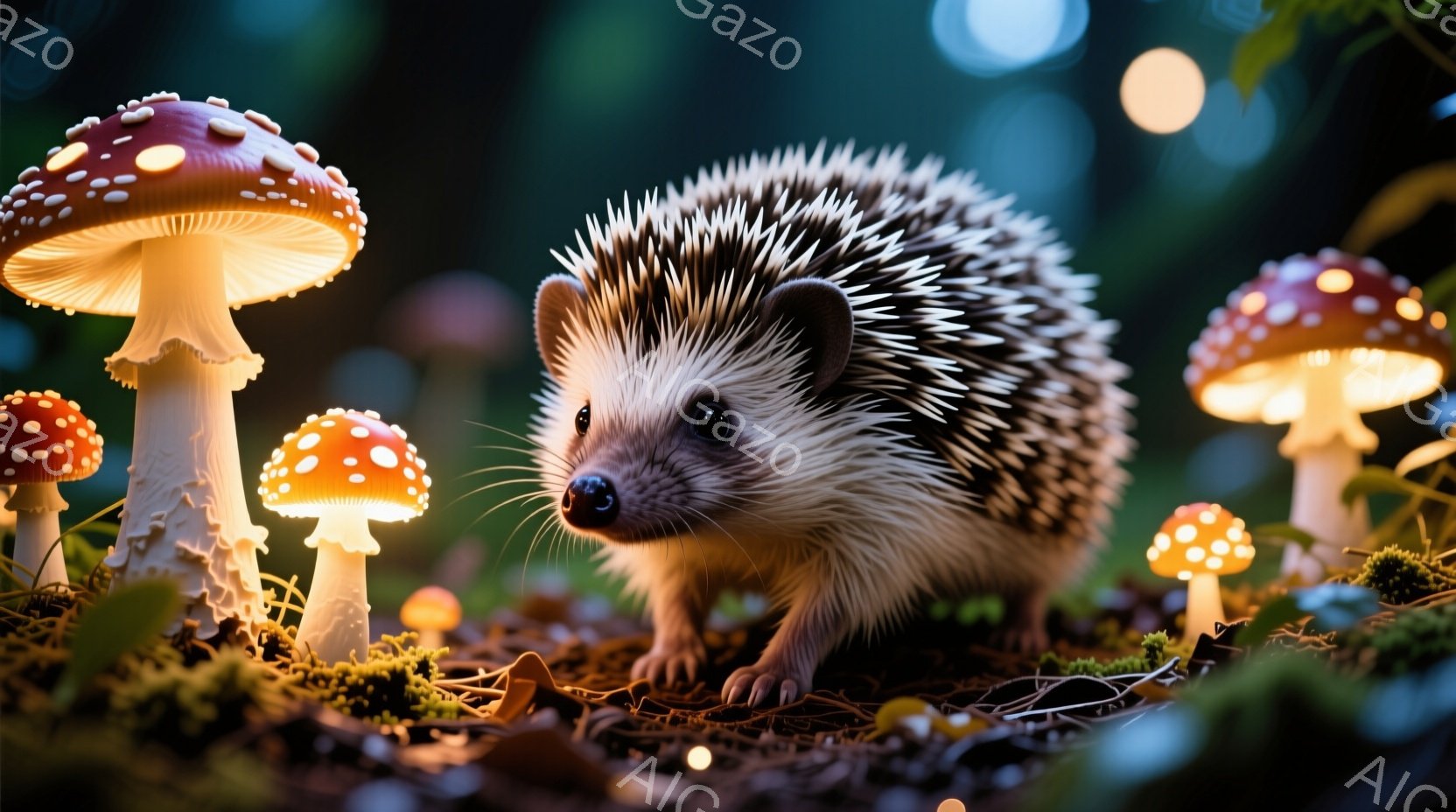 可愛らしいハリネズミが、赤い点々模様のキノコに囲まれた森の中にいます。ハリネズミは少し前かがみになり、何かを探しているような表情をしています。背景は緑豊かな草と落ち葉で覆われ、キノコからは温かい光が放たれており、幻想的な雰囲気を醸し出しています。