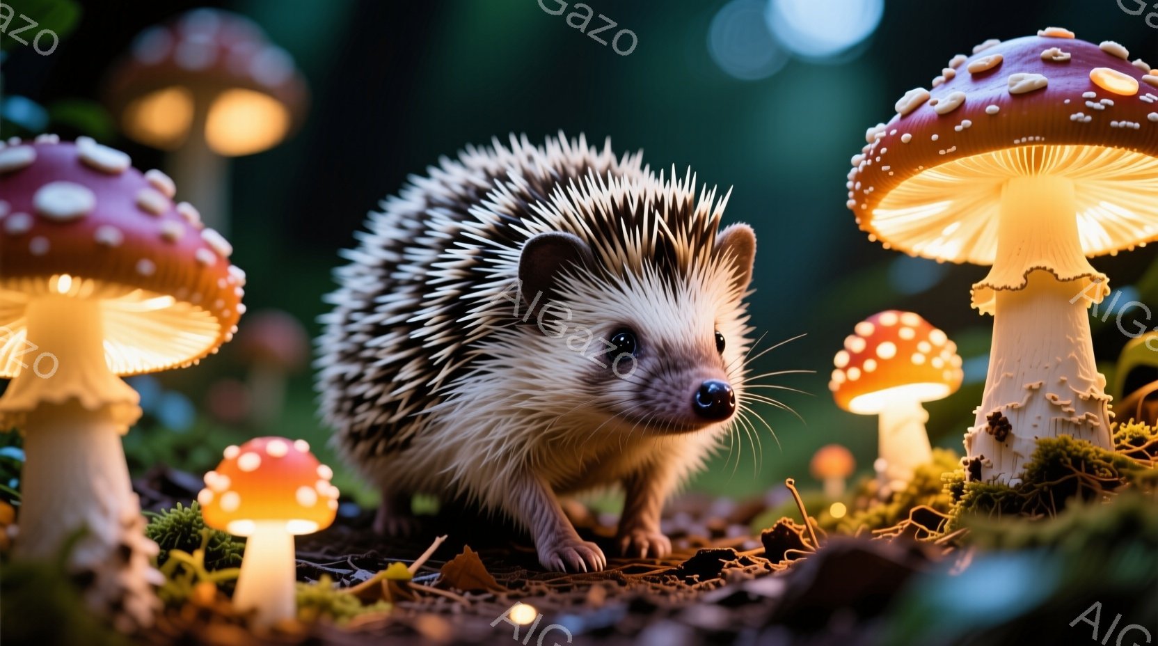 可愛らしいハリネズミが、光るキノコに囲まれて地面に座っています。その表情は好奇心旺盛で、キノコを見つめています。背景は暗く、キノコの光が幻想的な雰囲気を醸し出しており、落ち葉と苔が地面を覆っています。 - AI生成フリー素材