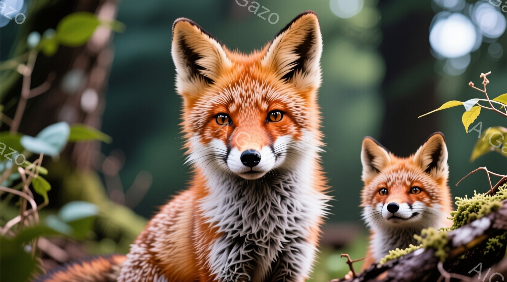 鮮やかな赤褐色の毛並みを持つキツネが2匹、画面に写っている。片方のキツネは大きく、カメラの方をまっすぐ見つめ、鋭い眼光で威厳がある表情をしている。もう片方のキツネは小さく、苔が生えた木の枝に座り、可愛 - AI生成フリー素材