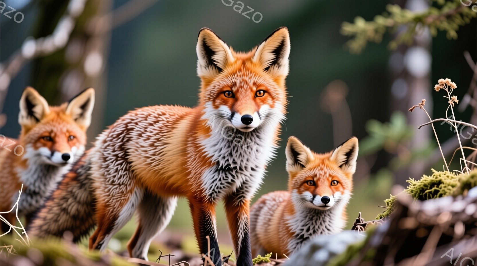 鮮やかなオレンジ色の毛並みを持つキツネが三匹、視線をこちらに向けている。背景は緑豊かな自然で、茶色い地面には落ち葉や苔が生えている。キツネたちは少し警戒した表情で、静かにこちらを見つめている様子が、穏 - AI生成フリー素材