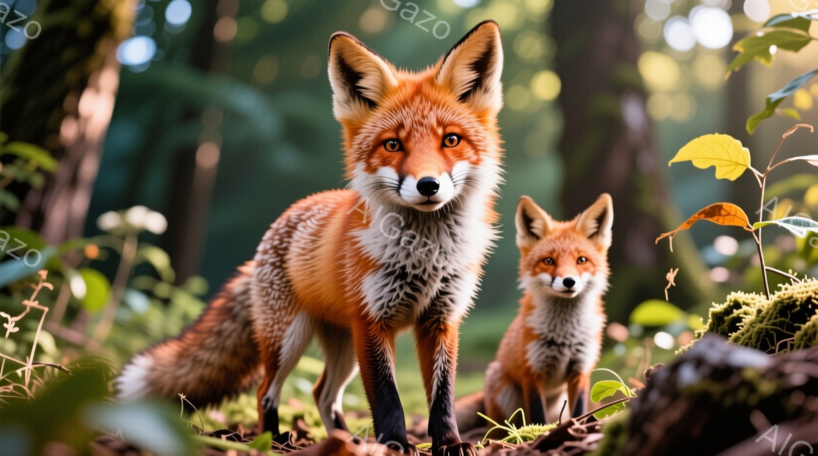 鮮やかな赤褐色の毛並みを持つキツネが二匹、緑豊かな森林の中で佇んでいます。手前のキツネは堂々と正面を向き、澄んだ琥珀色の瞳でカメラを見つめています。奥には、より小さなキツネが少し恥ずかしそうに、母親の傍らに控えめに立っています。