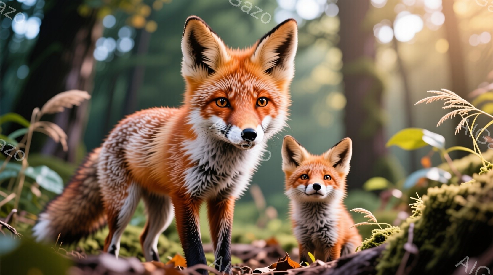 鮮やかな赤褐色の毛並みを持つ親子のキツネが、緑豊かな森の中でこちらを見つめている。親キツネは毅然とした立ち姿で、子キツネは親の足元で可愛らしい表情を浮かべている。背景は木々や苔むした倒木で覆われ、柔ら - AI生成フリー素材