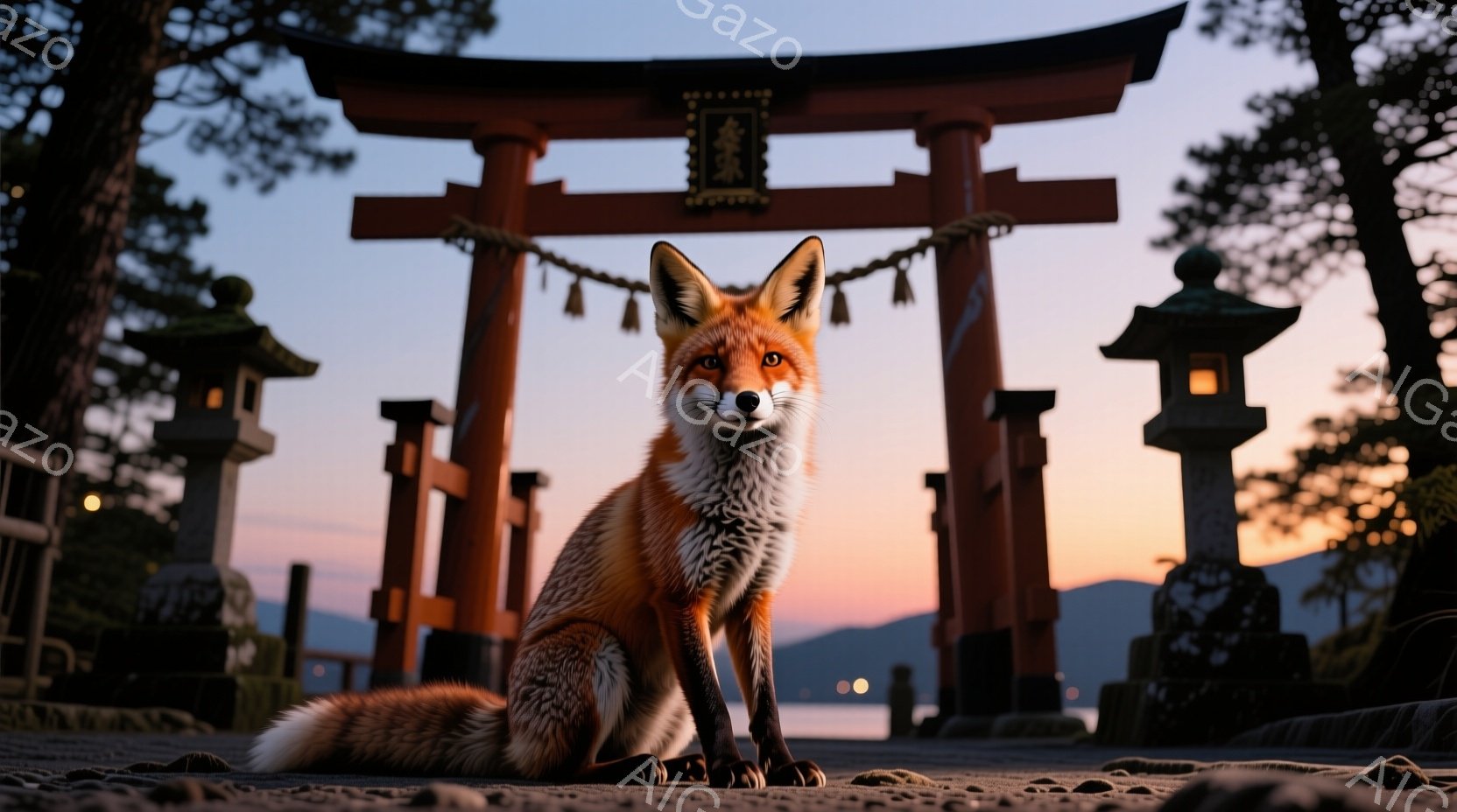 オレンジ色の毛並みのキツネが、朱色の鳥居の前で座っています。背景には穏やかな海と夕焼け空が広がり、鳥居の横には石灯籠が配置されています。全体的に静かで穏やかな雰囲気で、日本の伝統的な風景が目に浮かびま - AI生成フリー素材