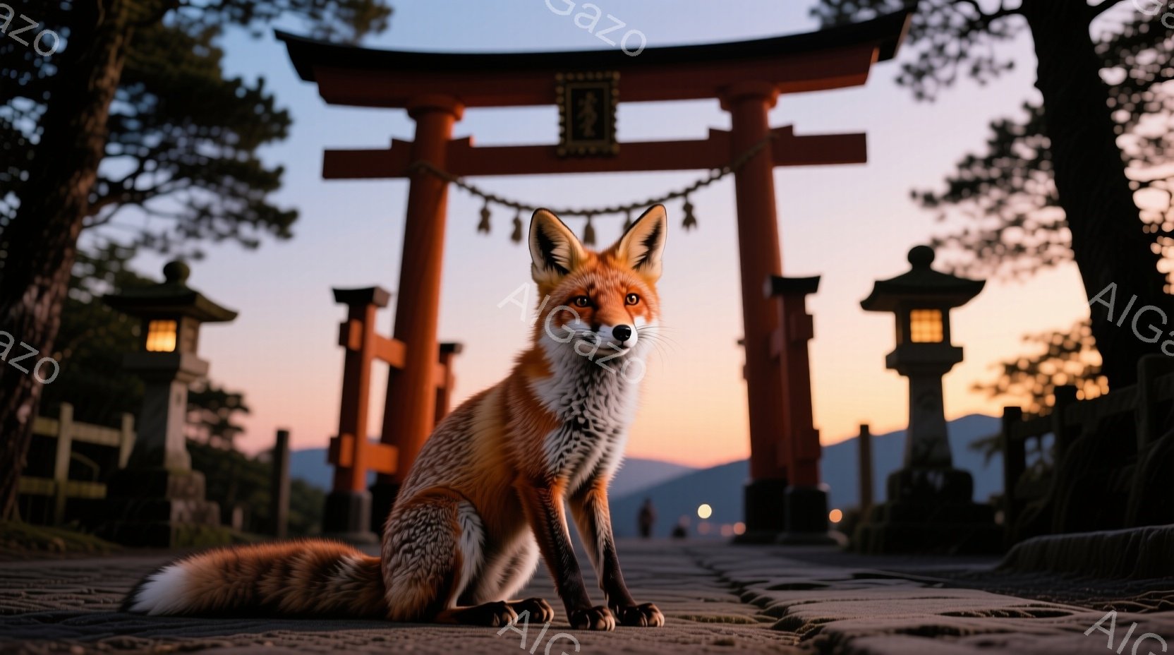 夕暮れ時の石畳の道に、毛並みの美しいキツネが座っている。背景には朱色の鳥居が立ち並び、遠くには山並みがぼんやりと見える。キツネは正面を向き、穏やかで賢そうな表情を浮かべており、静かで神秘的な雰囲気を醸し出している。