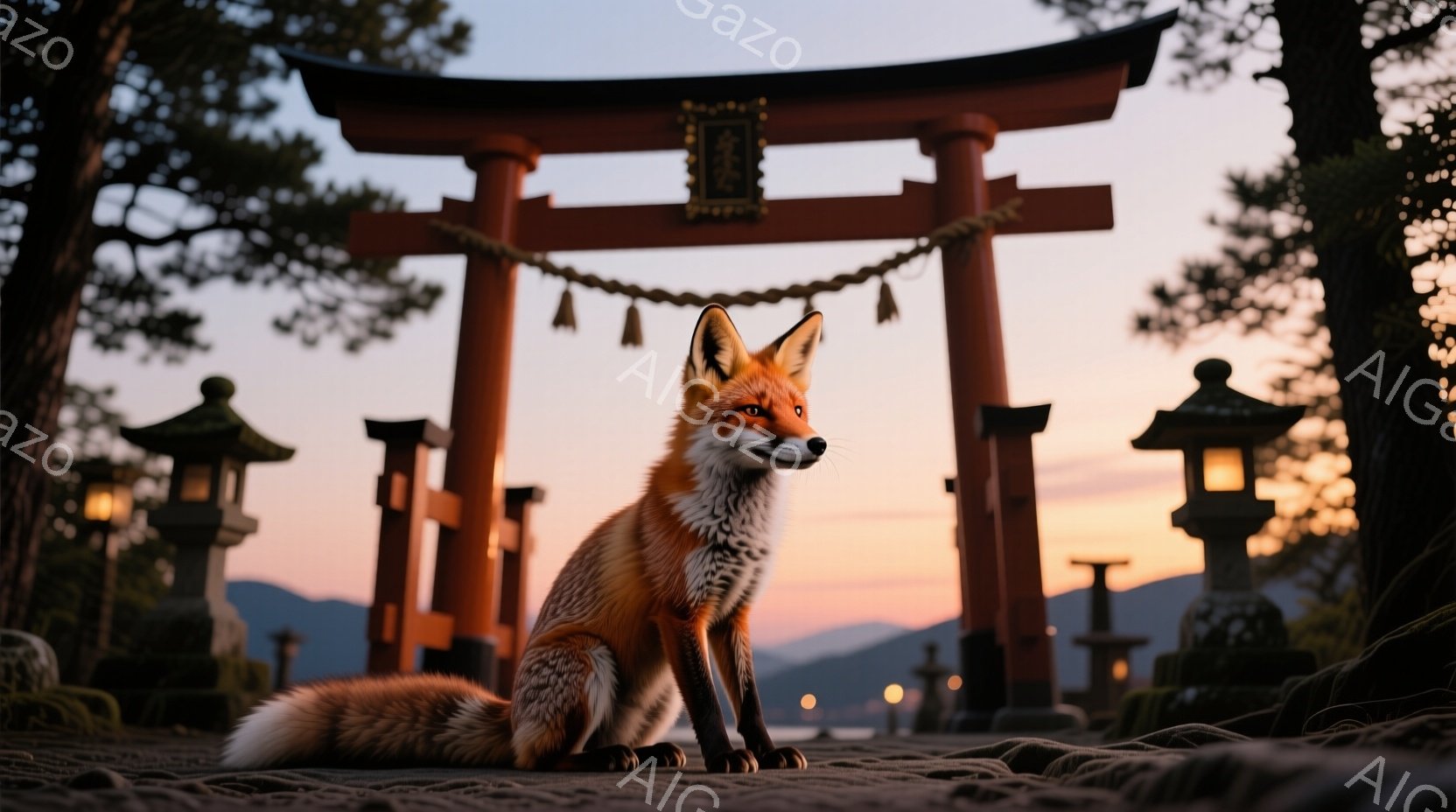 朱色の鳥居がそびえ立ち、その前に鮮やかなオレンジ色の狐が座っています。狐は前足を揃え、まっすぐ前を見つめ、静かで落ち着いた様子です。背景には、ぼんやりとした山々、灯籠、そして夕焼け空が広がり、神聖で穏やかな雰囲気を醸し出しています。
