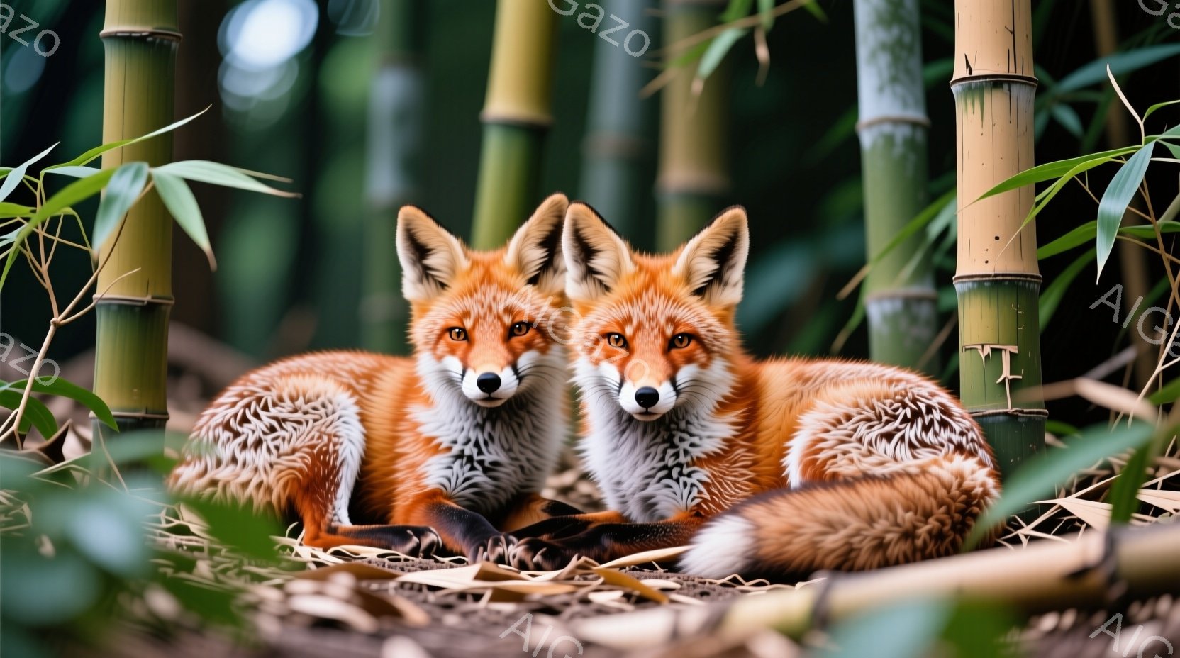 二匹の狐が枯葉の上に並んで座っており、互いに寄り添っているように見える。彼らは鮮やかな赤褐色の毛皮を持ち、白い胸と喉、そして鋭い視線をしている。背景には緑色の竹林が広がり、自然の中で静かに休息している様子が伝わる。
