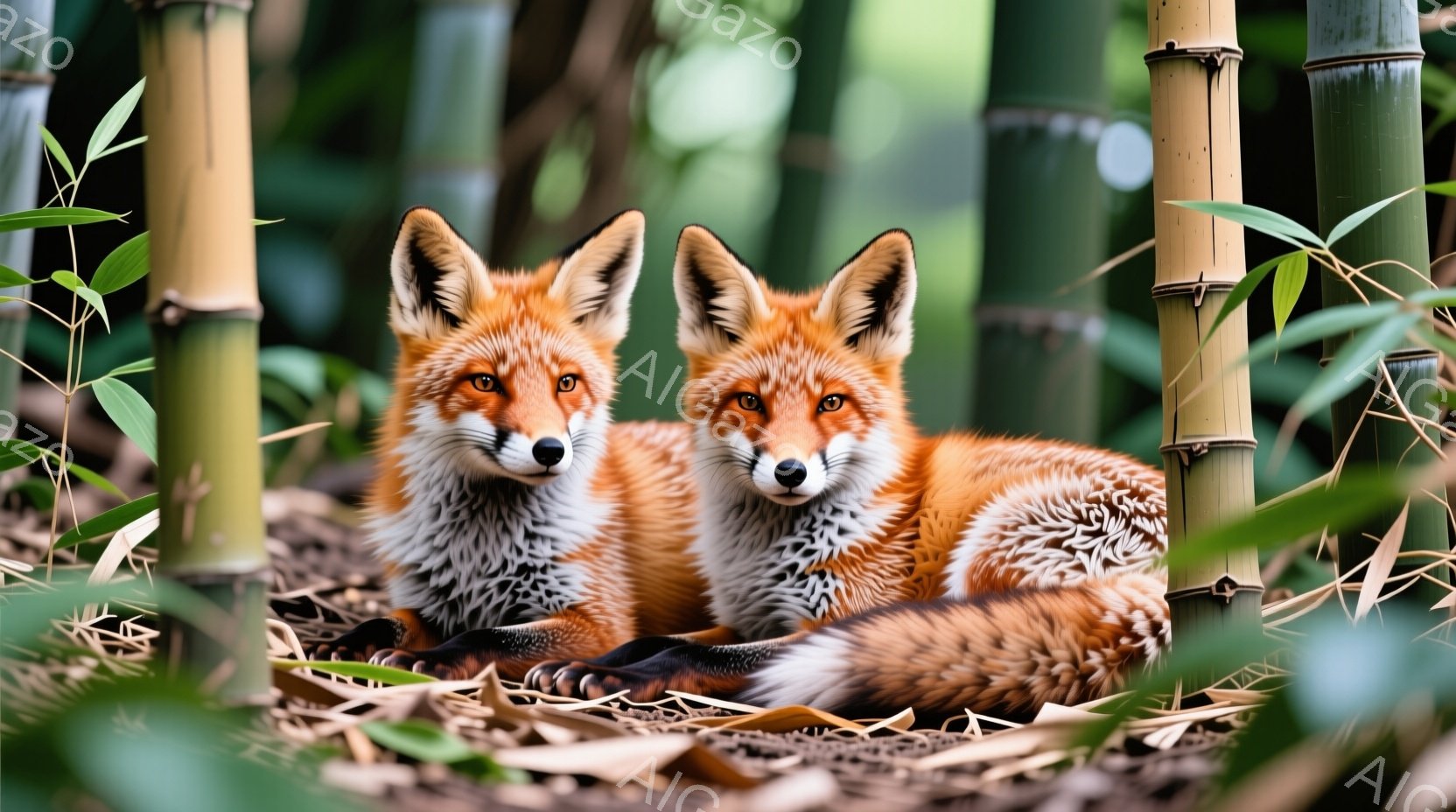 鮮やかな赤褐色の毛並みを持つ二匹の狐が、落ち葉の上に並んで横たわっています。彼らはまっすぐカメラを見つめ、警戒心と好奇心に満ちた鋭い眼差しをしています。背景には緑色の竹林が広がり、自然の中の静寂と安らぎを感じさせる穏やかな光景です。